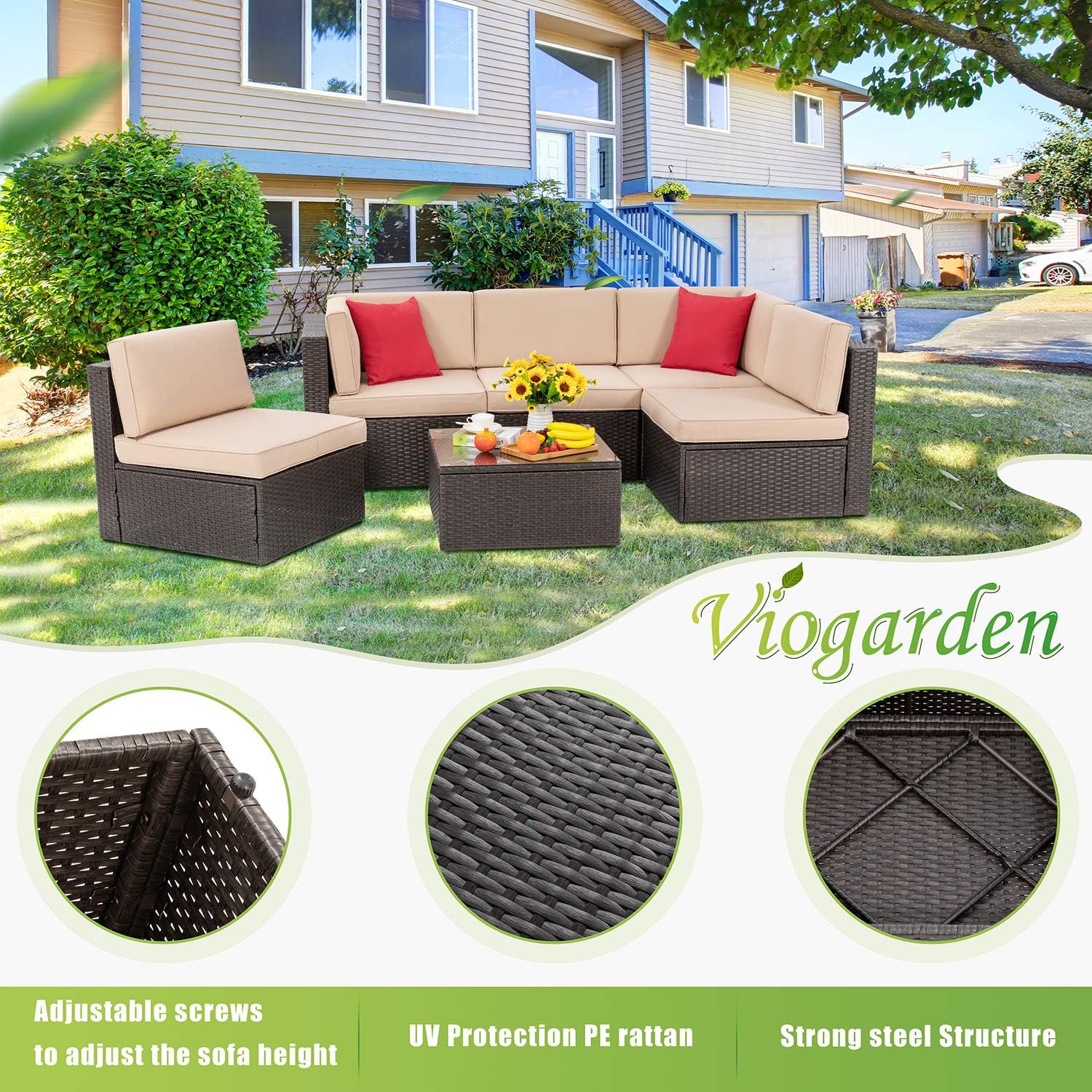 5-Piece All-Weather Patio Furniture Set with Ottoman, Outdoor Wicker Conversation Sofa Set with Cushions for Garden, Deck & Backyard - Image 34