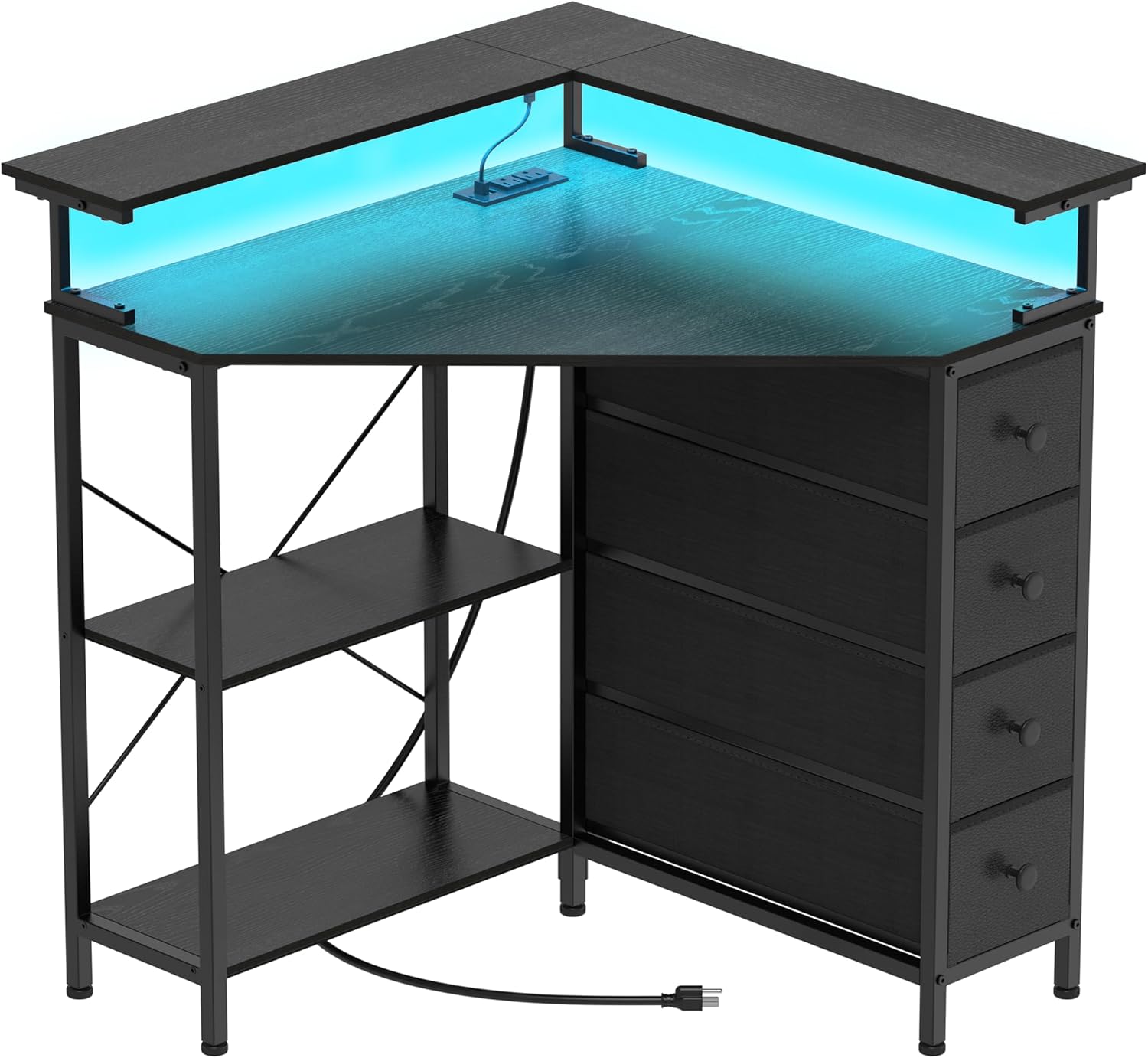 Corner Desk with Drawers Shelves for Small Space 90 Degrees Triangle Computer Desk with Power Outlets,Gaming Desk with LED Lights Monitor Stand for Home Office Workstation Writing Table (White) - Image 2