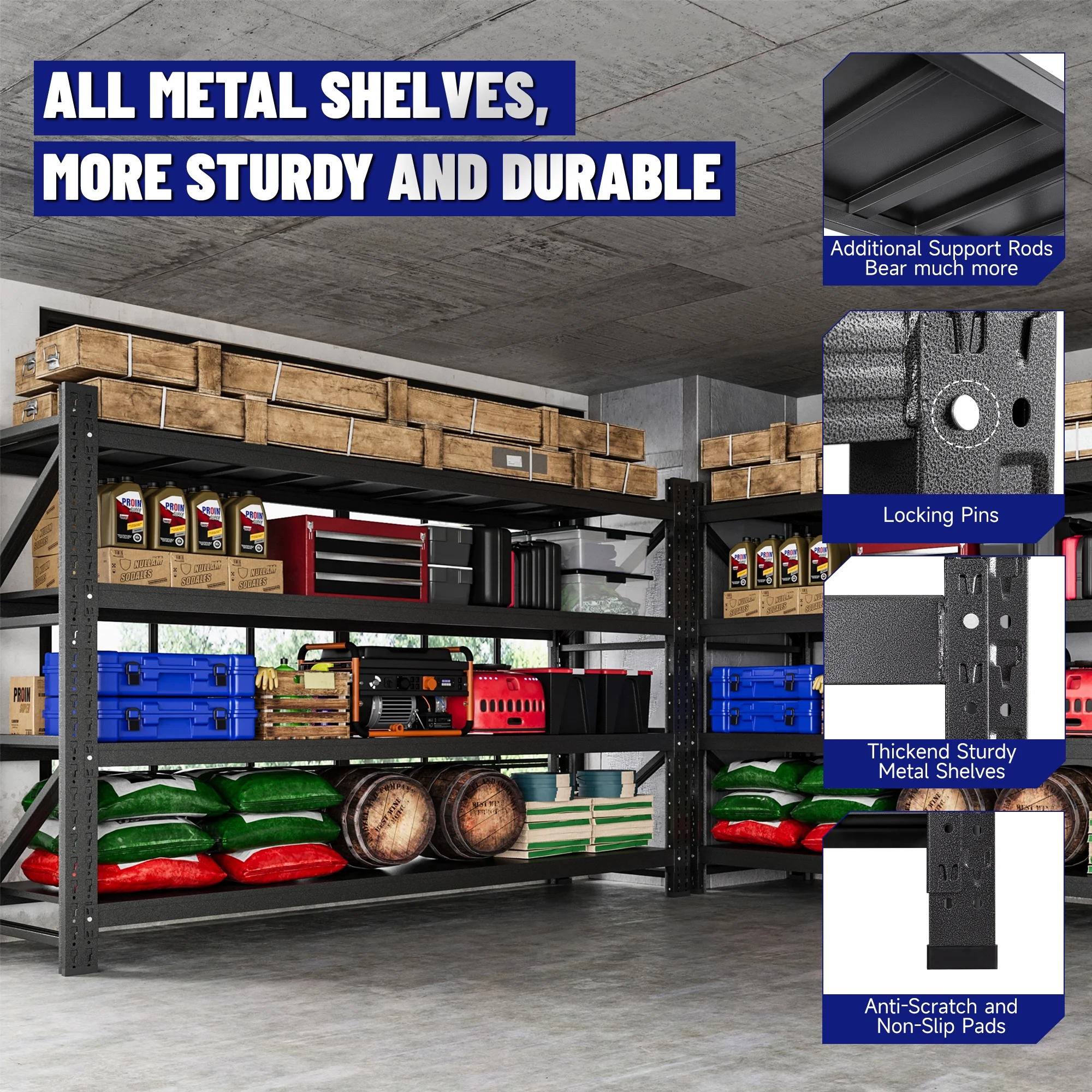AUHUP 4-Tier Garage Storage Shelves 2400LBS Heavy Duty Metal Shelving 48" W Shelving Unit for Warehouse,Basement Industrial,Home Utility Rack Shelf, Black - Image 42