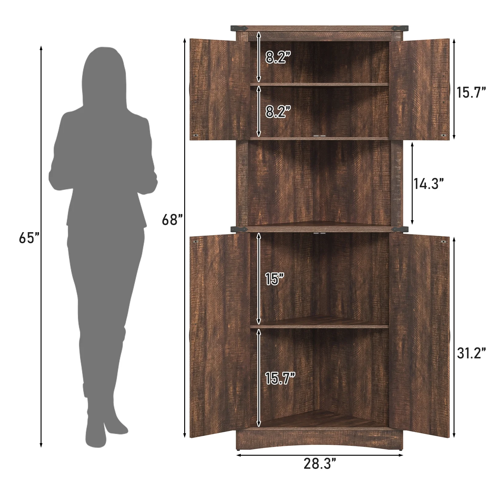 Blotout 68" Tall Farmhouse Corner Cabinet with 4 Doors, 28.3" W Barn Door Storage Cabinet with Adjustable Shelves, 5 Tier Corner Storage Cabinet for Bathroom,Living Room,Kitchen - Image 18