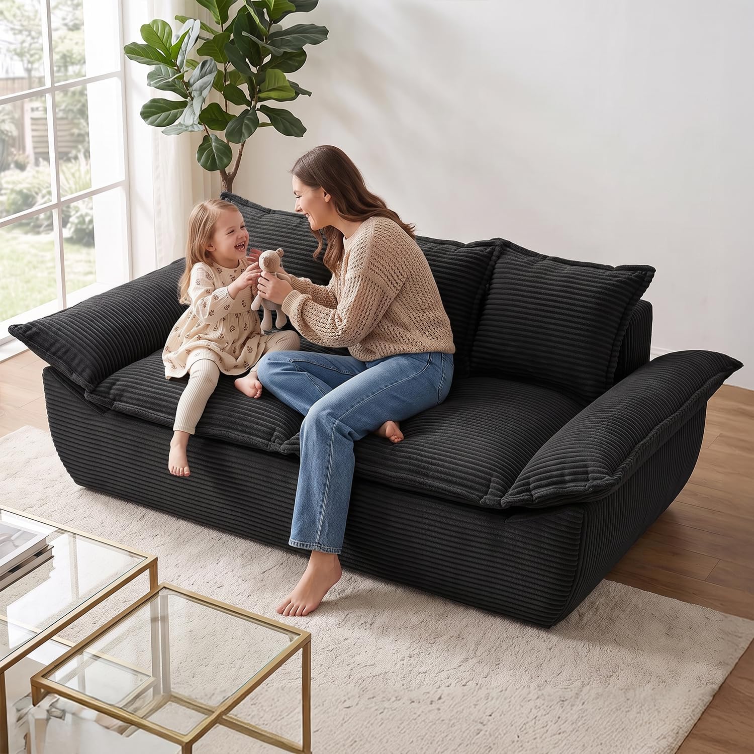 56" Boneless Loveseat, 2-Seater Black Boneless Sofa with Removable Cushions & 2 Pillows, Small Mini Couch Boneless Foam Sofa for Living Room, Apartments, & Office