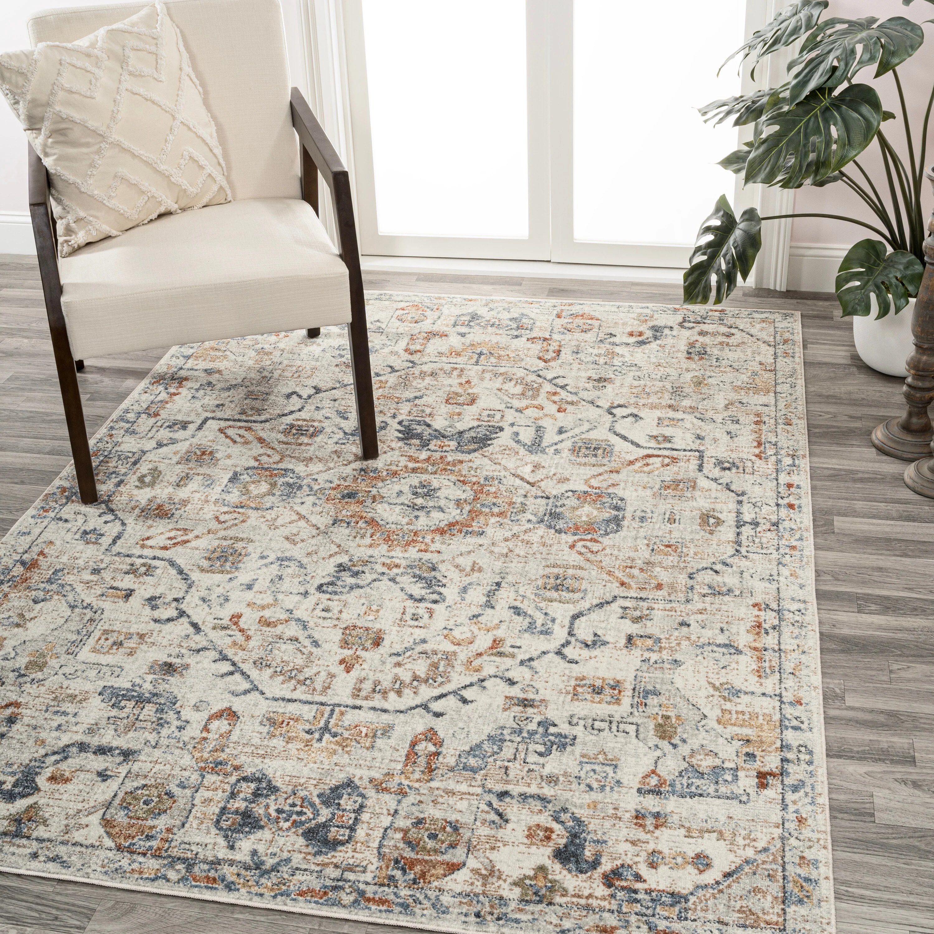 Bohemian Medallion Low-Pile Machine-Washable Area Rug, Cream and Terra - Image 45
