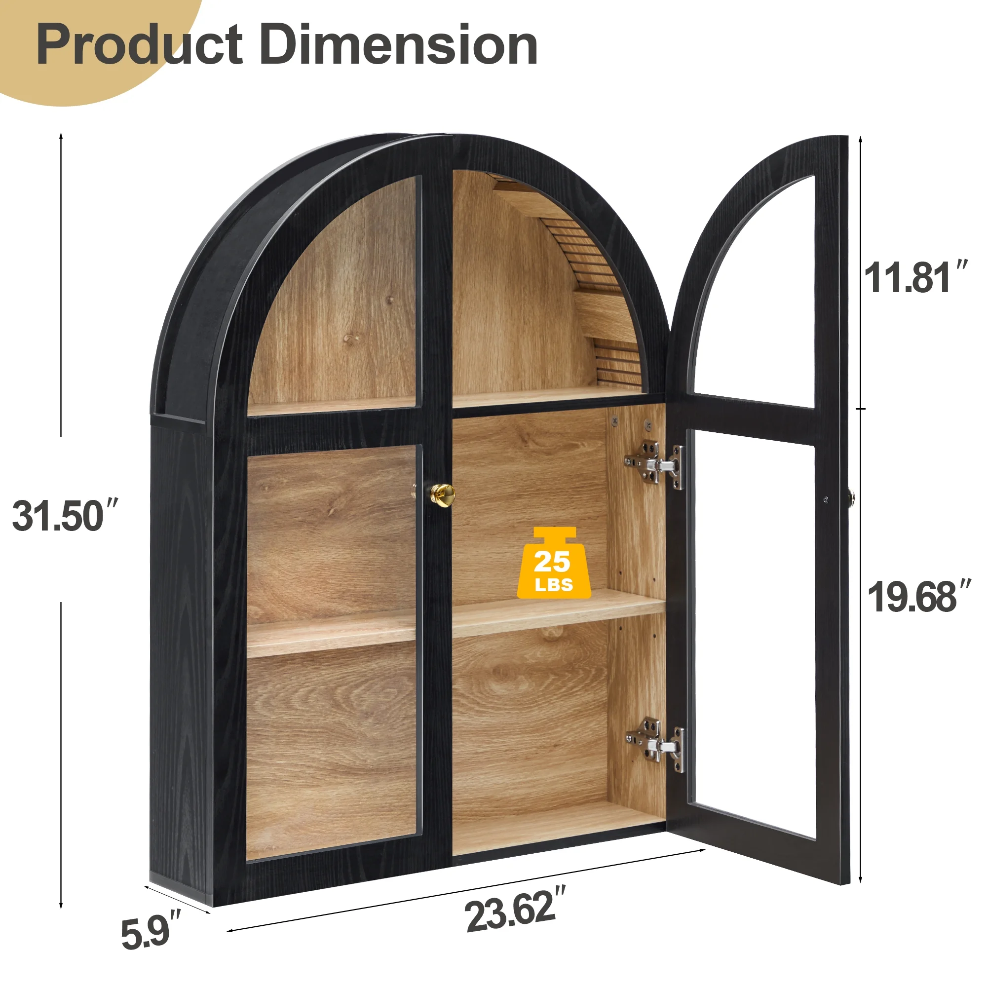 LEFHDA Arched Wall Cabinet with Glass Door, Black Open Storage Cabinet, Hanging Bathroom Shelf, Modern Wall Bathroom Cabinet with Adjustable Shelf Gold Metal Handles - Image 2