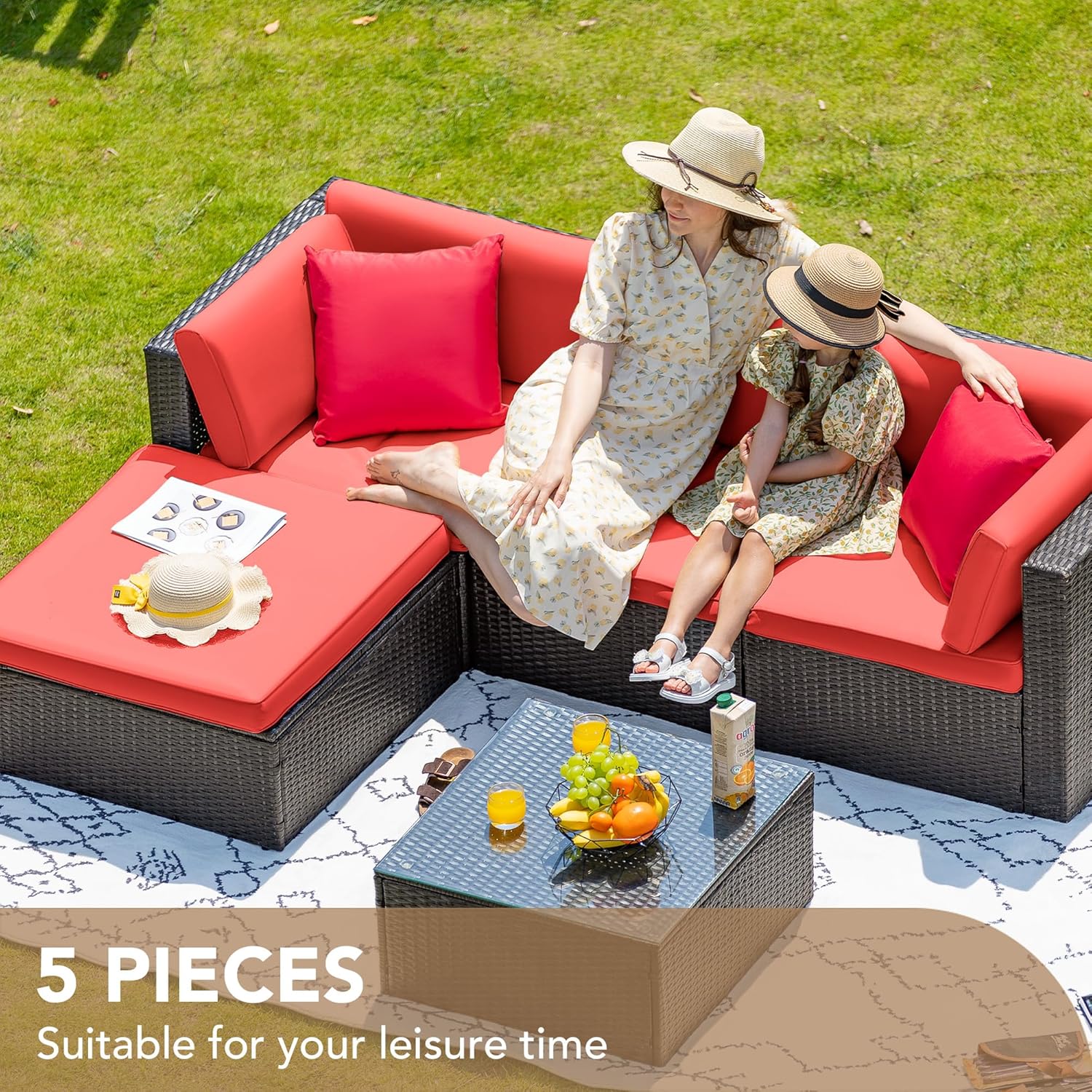 5-Piece All-Weather Patio Furniture Set with Cushions, Outdoor Wicker Conversation Sofa Set for Garden, Deck & Backyard - Image 41
