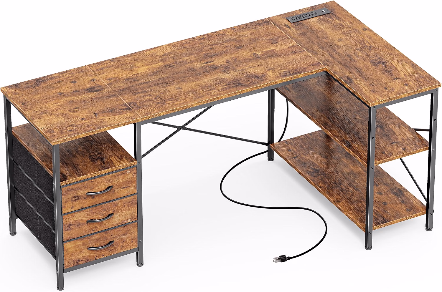 L Shaped Office Desk with Power Outlets & 3 Drawers - Image 9