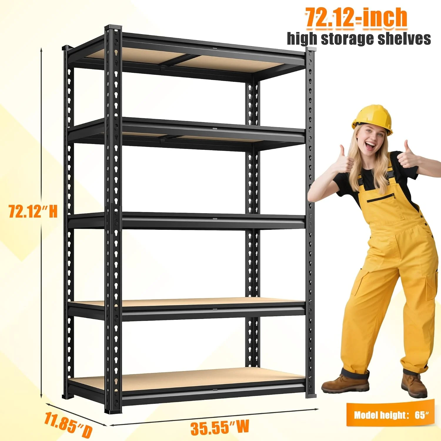 72.12" H Garage Shelving, Storage Shelves Load 2100LBS, 5-Tier Adjustable Shelving Unit with Thickened Wooden Boards for Multiple Scenarios, 72.12" H x 35.55" W x 11.85" D, Black - Image 3