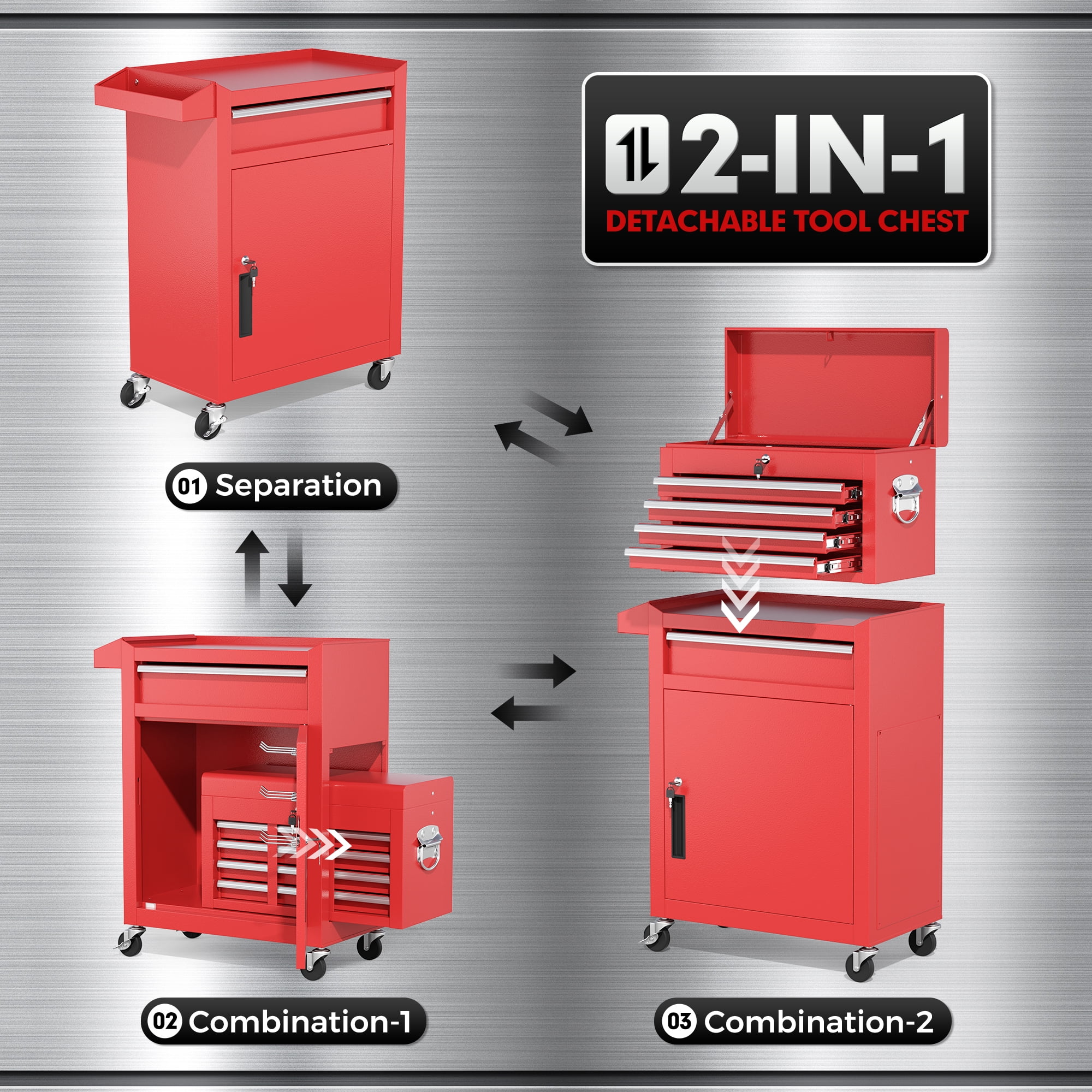 SUNCROWN 2-IN-1 Tool Chest, 8-Drawer Rolling Tool Chest with Hooks and Lockable Wheels,Metal Storage Detachable Top Tool Box with Lockable Wheels for Garage, Workshop, Art Studio(Black) - Image 25