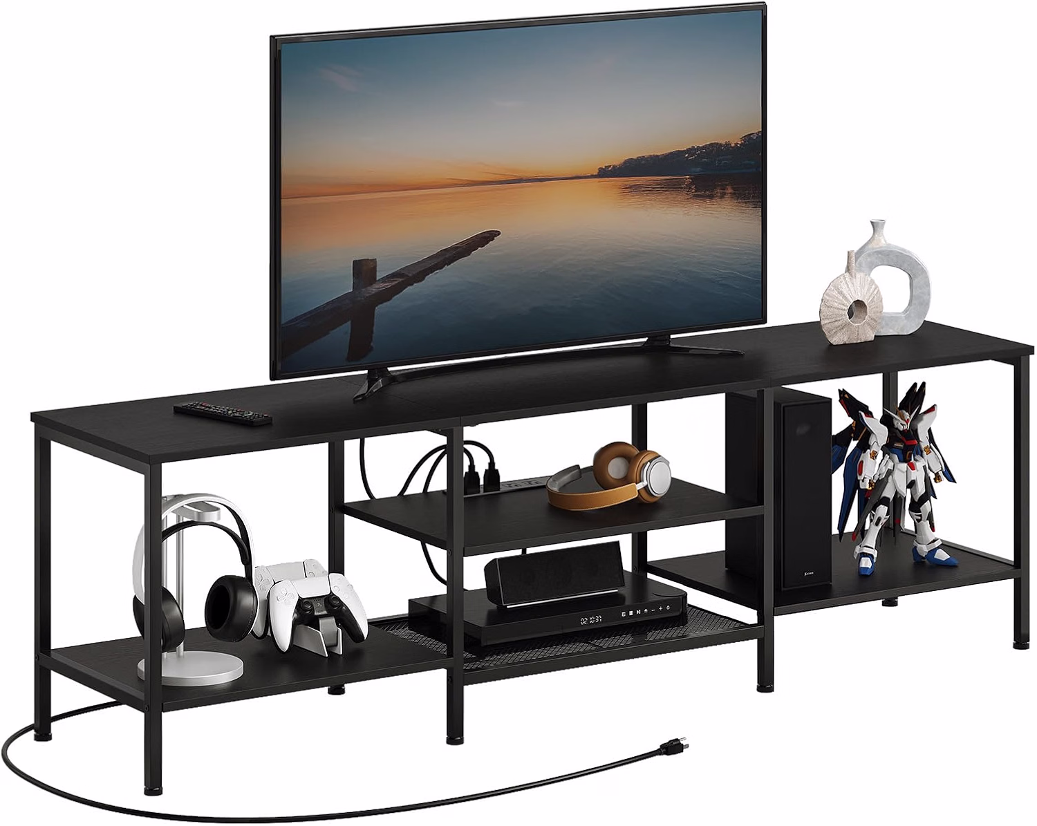 TV Stand with Power Outlets to 75 Inches, TV Console Table with Open Storage Shelves Cabinet, Industrial Media Entertainment Center for Living Room Bedroom, Rustic Brown and Black BF80DS01 - Image 4