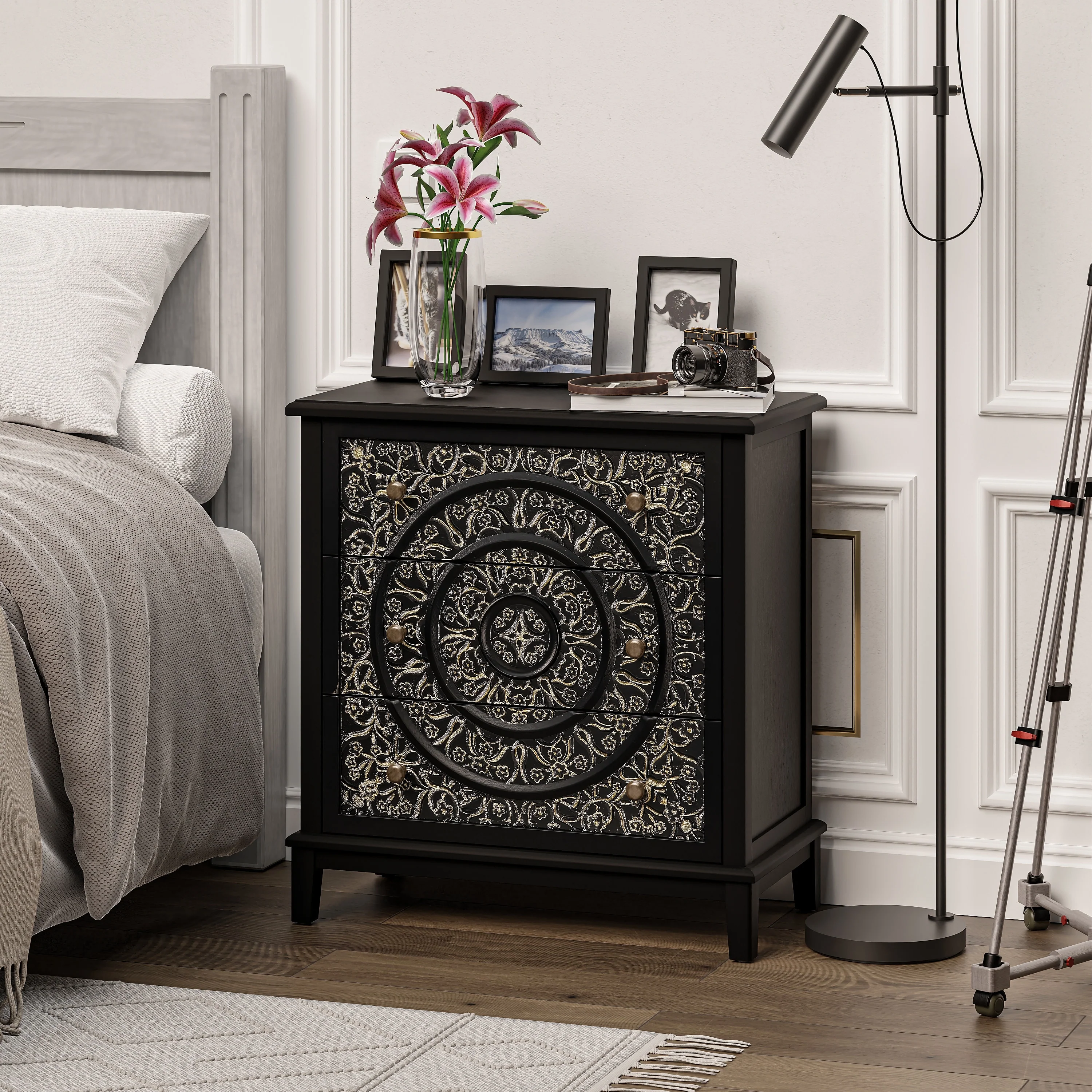 Farmhouse Fully Assembled Nightstand with 2 Drawers, Flower Motif End Table for Small Spaces - Image 6