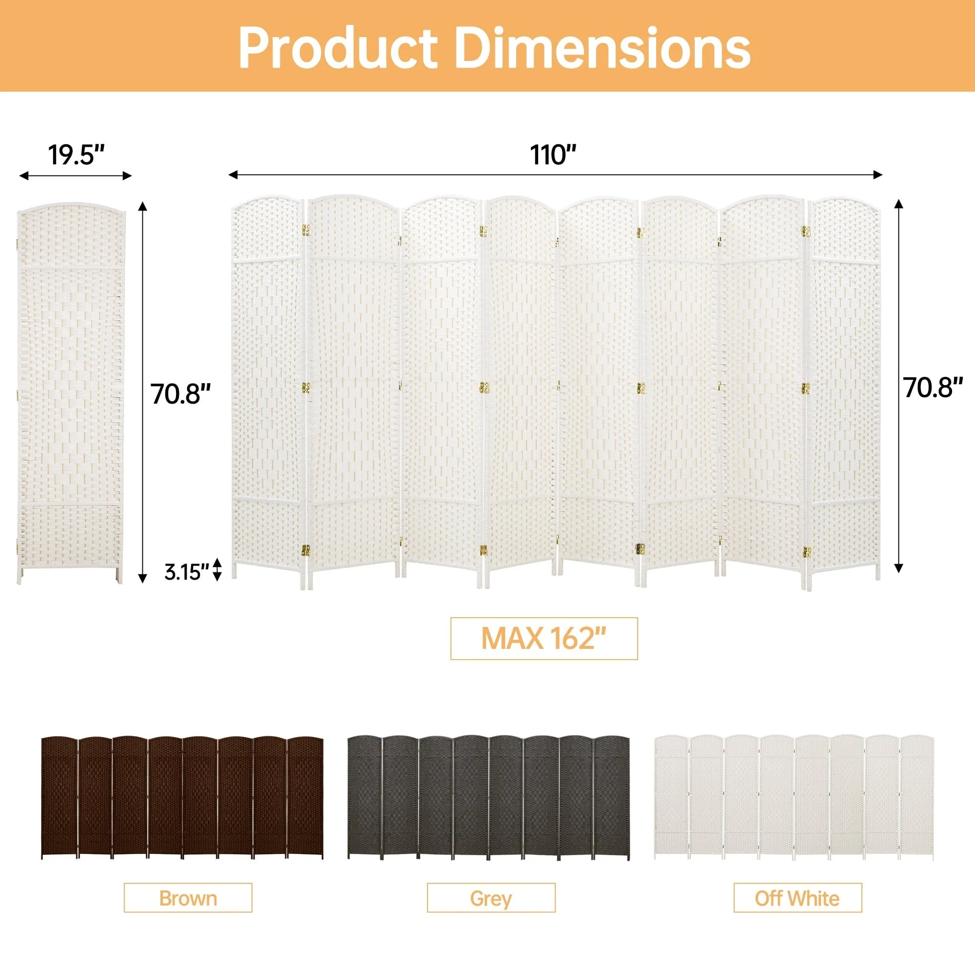 6 FT Tall Woven Fiber Room Divider, Freestanding Folding Privacy Screen - Image 2