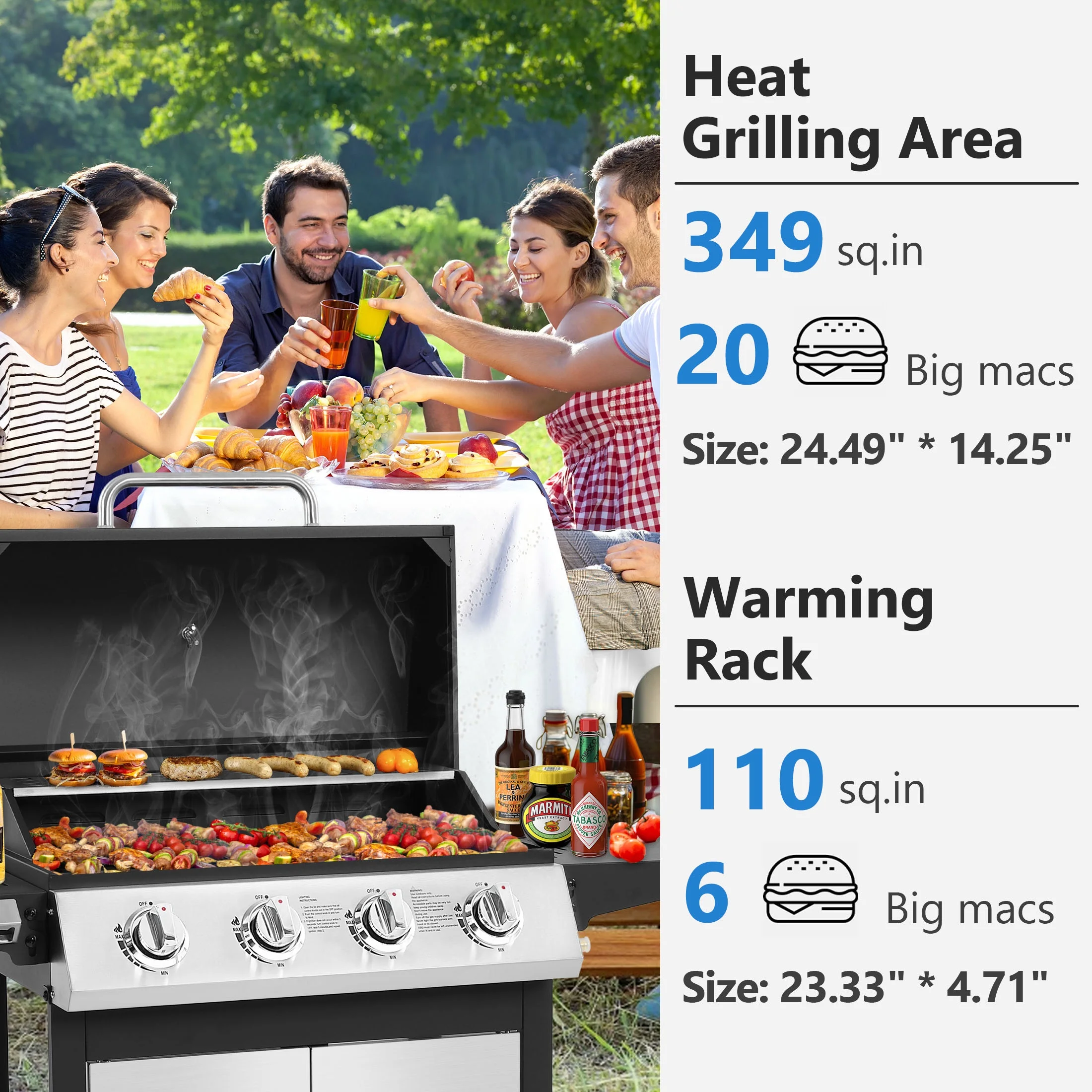 SEGMART 4 Burner BBQ Propane Gas Grill, Stainless Steel 40,000 BTU Patio Garden Barbecue Grill with Folding Side Tables, Cleaning Brush & Thermometer, Perfect for Camping, Outdoor Cooking - Image 4