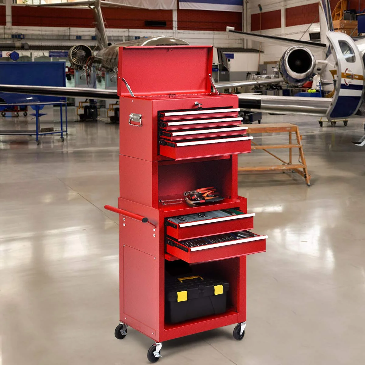 NIGSQJB 3-In-1 Tool Chest on Wheels with 6 Drawers, 52"H Tool Storage Cabinet with Auto Locking System,Detachable Top,Tool Box Organizer for Garage,Workshop,Repair Shop,DIY, Red - Image 10