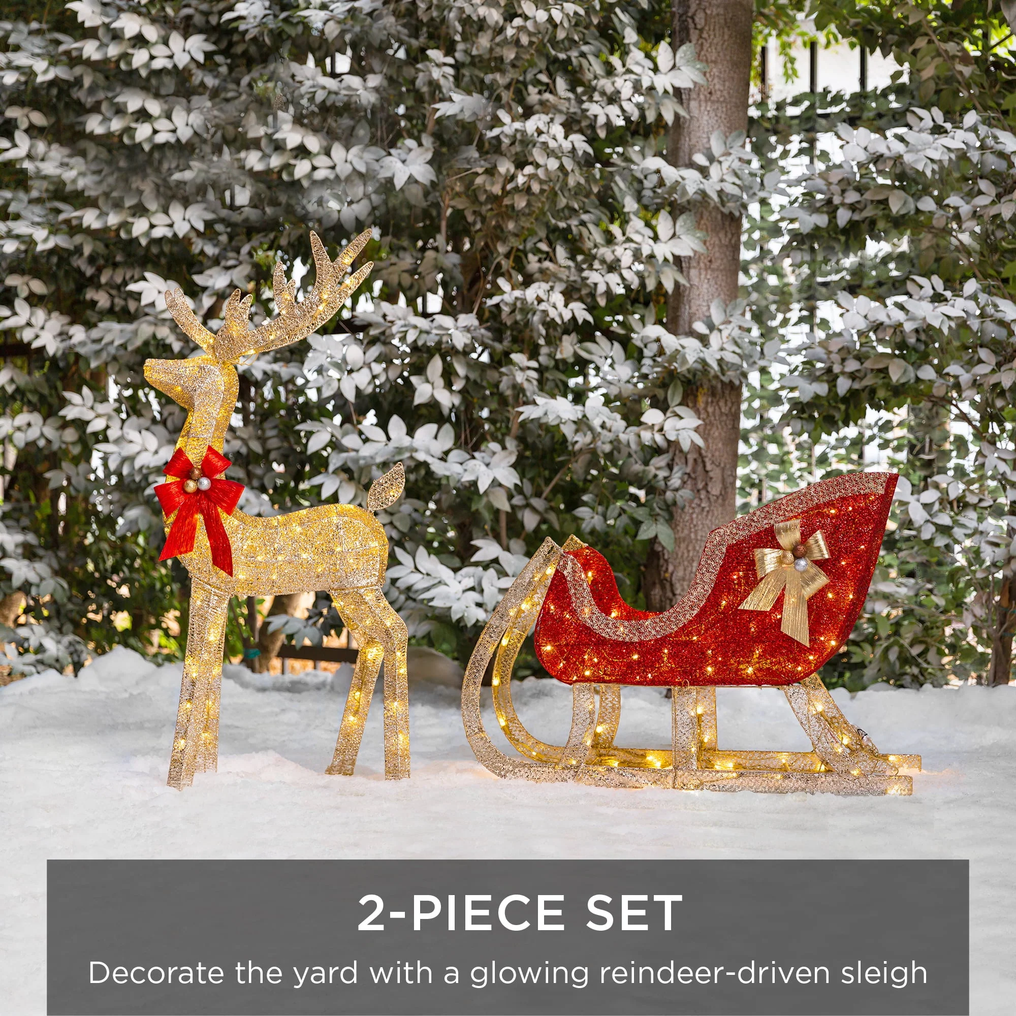 Best Choice Products Lighted Christmas 4ft Reindeer & Sleigh Outdoor Yard Decoration Set w/ 205 LED Lights, Stakes - Image 3