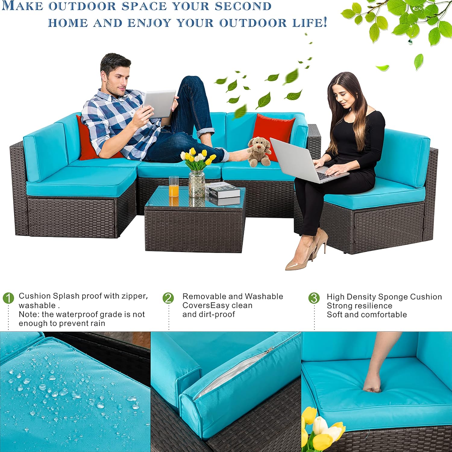 5-Piece All-Weather Patio Furniture Set with Ottoman, Outdoor Wicker Conversation Sofa Set with Cushions for Garden, Deck & Backyard - Image 24