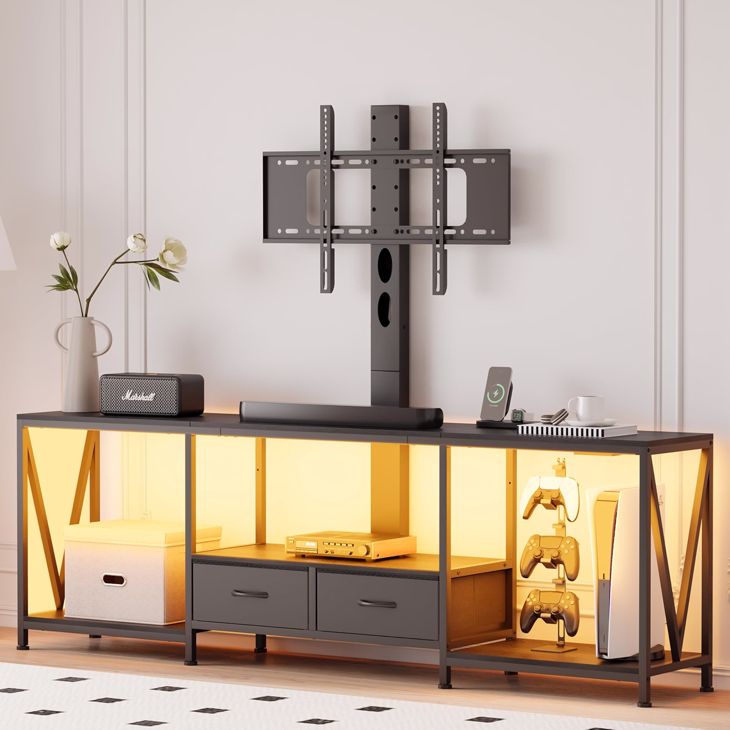 63" W TV Stand with Mount,LED & Charging Station for 55,65,75" TV - Image 3