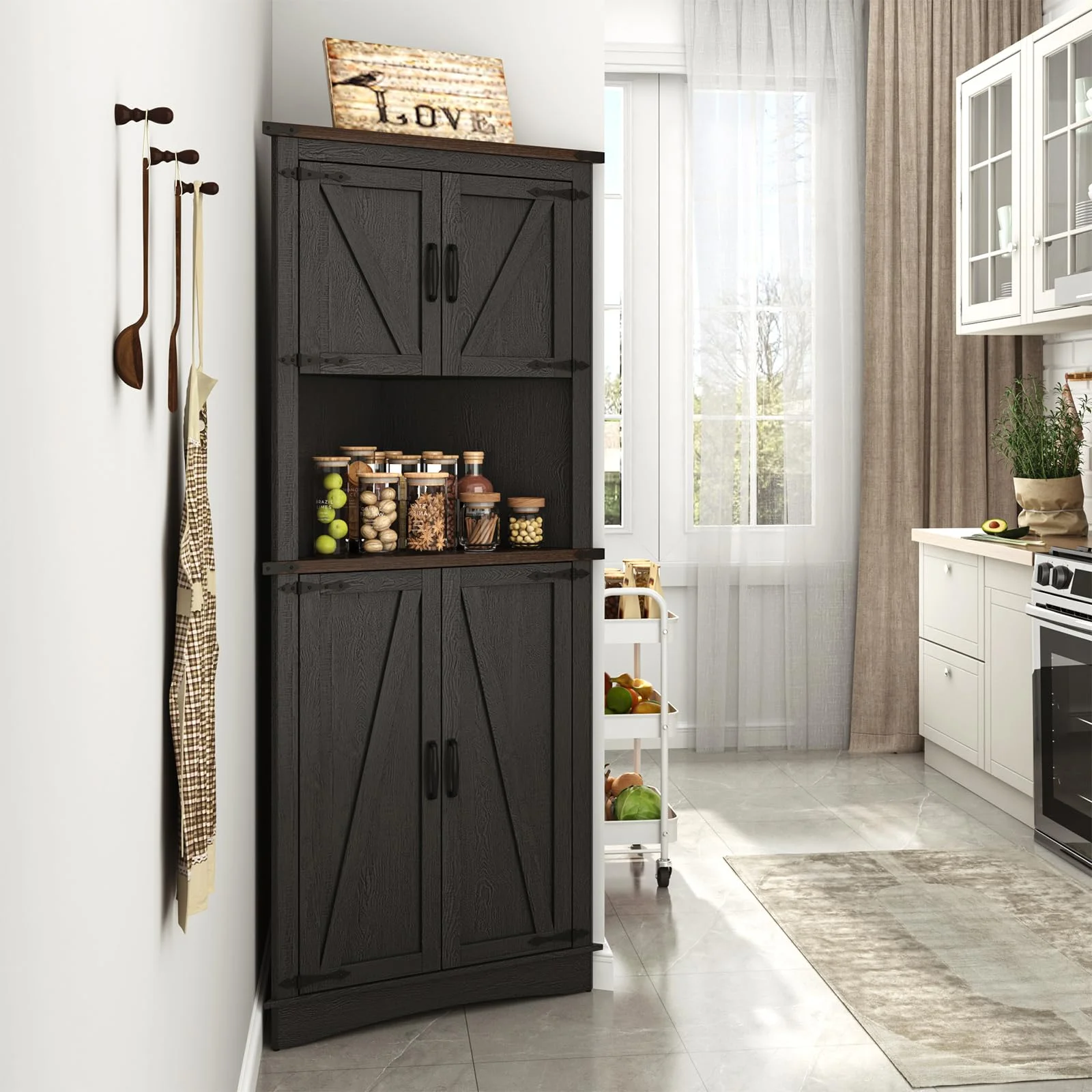 Blotout 68" Tall Farmhouse Corner Cabinet with 4 Doors, 28.3" W Barn Door Storage Cabinet with Adjustable Shelves, 5 Tier Corner Storage Cabinet for Bathroom,Living Room,Kitchen - Image 30