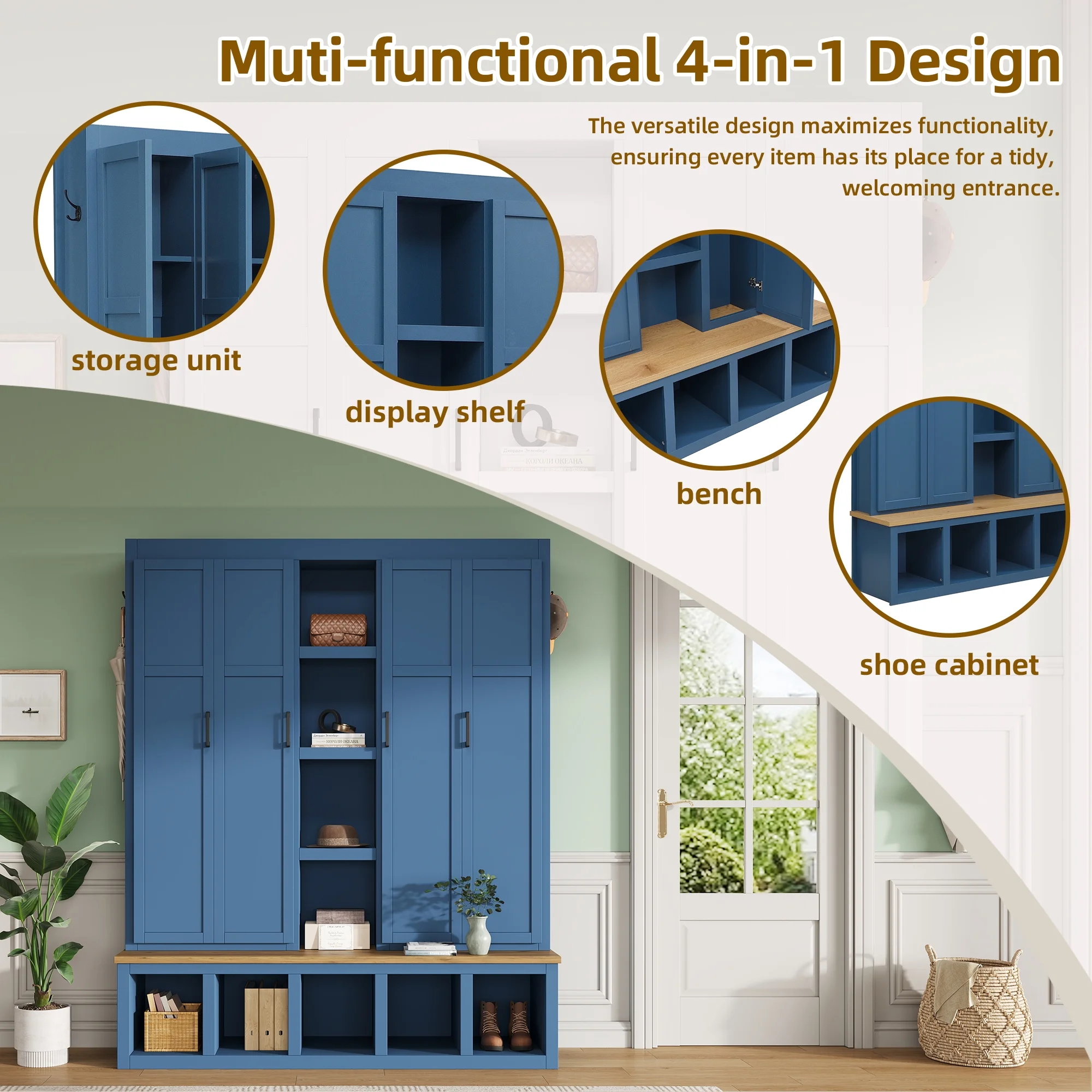 Euroco Modern Farmhouse Hall Tree -C 4-in-1 Entryway Bench with Cabinets, Hooks & Shoe Storage, Wood-Grain Finish, Handles, Anti-Tip Safety - Image 13