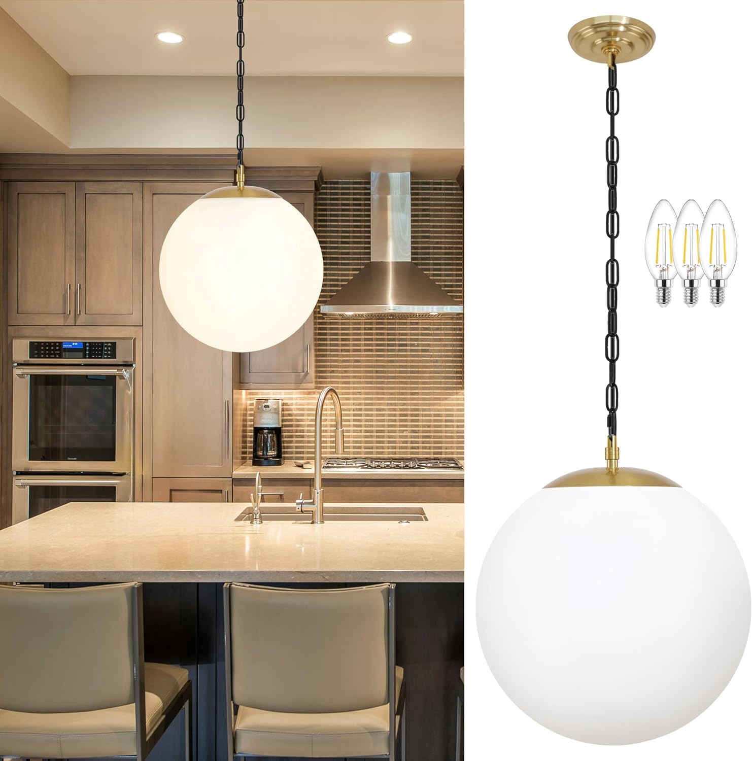 14" Gold Globe Pendant Light, Mid Century Pendant Light, Clear Glass Pendant Lights, Kitchen Island Adjustable Hanging Light Fixture for Dining Room, Bedroom, Kitchen Island - Image 27