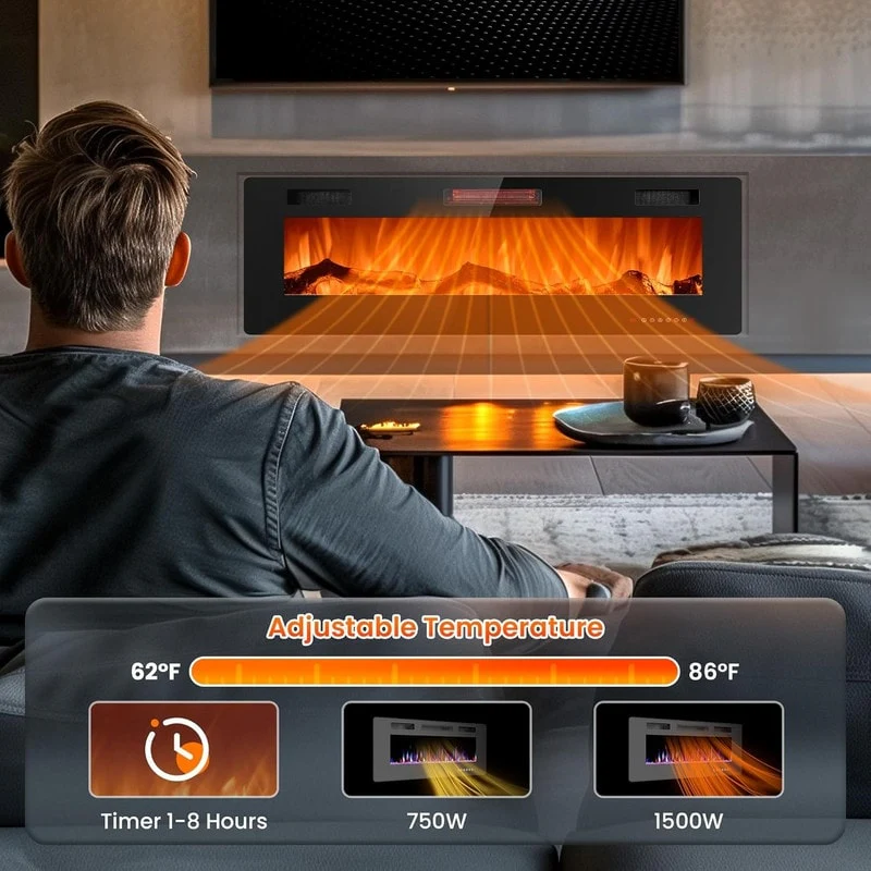 Recessed Electric Fireplace Heater, Wall Mounted 750-1500W Fireplace with Remote Control - Image 4