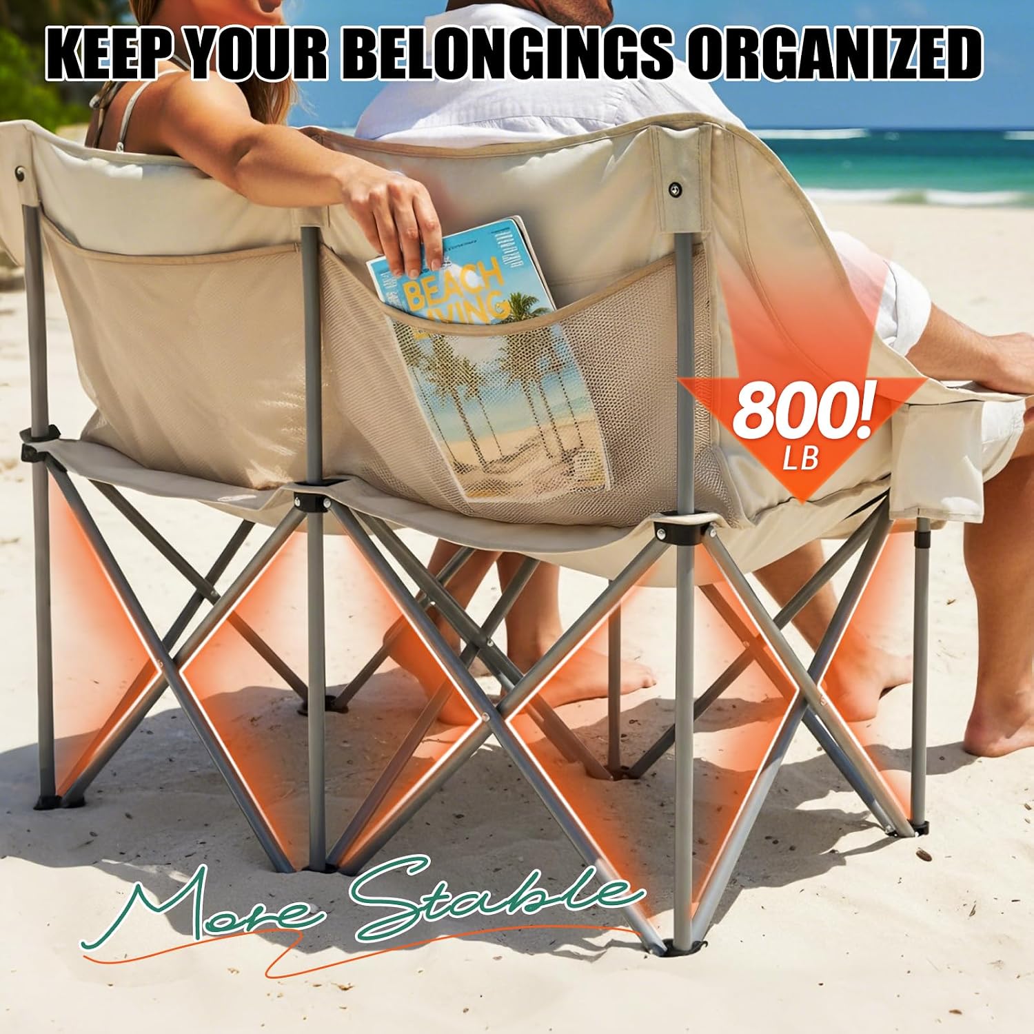 Double Camping Chair, Oversized 2 Person Camp Chairs with Cup Holders Side & Backrest Mesh Pockets Padded Loveseat Camping Chair Foldable for Outdoor Lawn Backyard Beach Support 800LB - Image 6