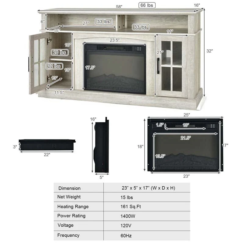 58" TV Console with 23" Fireplace Insert, Fireplace TV Stand for TVs up to 65 Inches, 1400W Electric Fireplace Heater - Image 20