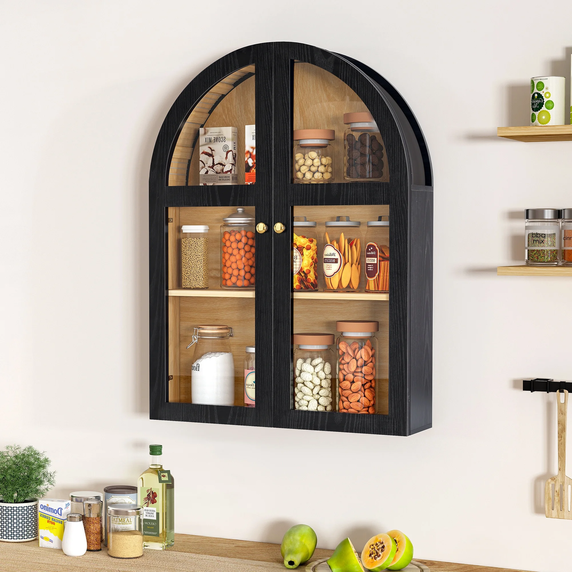 LEFHDA Arched Wall Cabinet with Glass Door, Black Open Storage Cabinet, Hanging Bathroom Shelf, Modern Wall Bathroom Cabinet with Adjustable Shelf Gold Metal Handles - Image 4