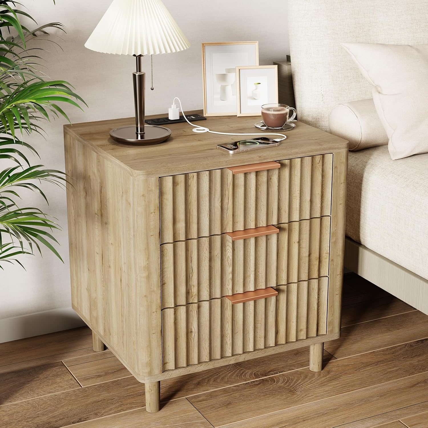 Fluted Nightstand with Charging Station, 2 Drawers Oak - Image 5