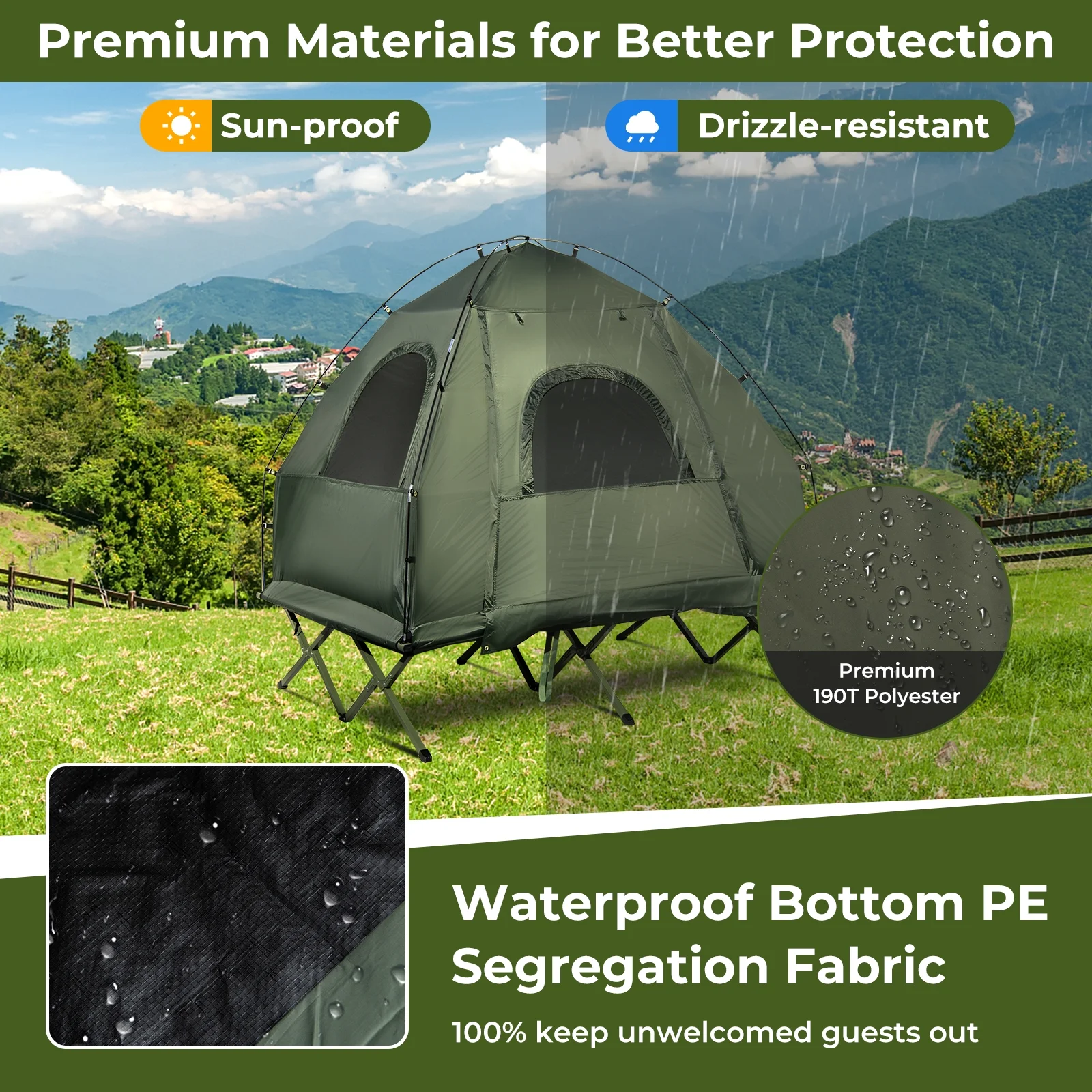Patiojoy Folding 2-Person Camping Tent Cot Portable Pop-Up Tent with Sleeping Bag&Air Mattress for Outdoor Activity - Image 4