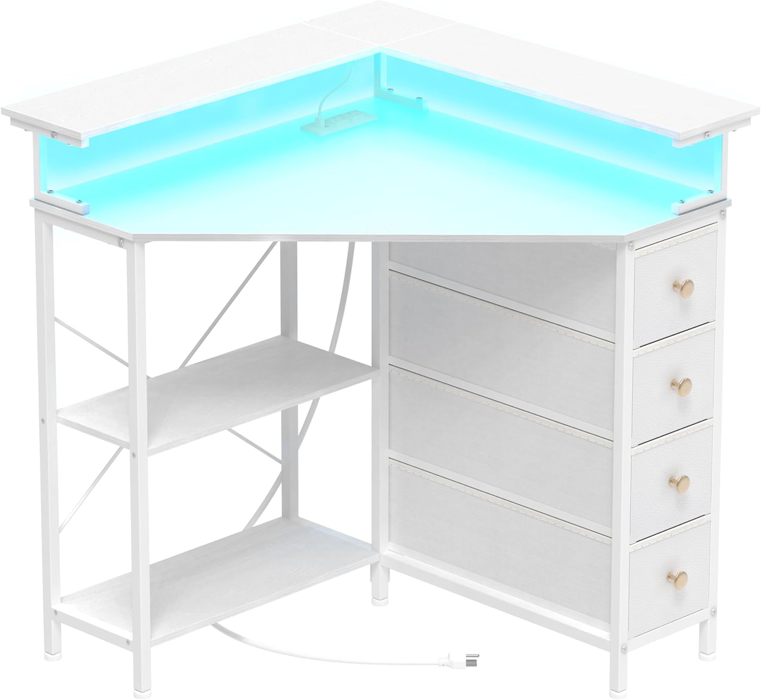 Corner Desk with Drawers Shelves for Small Space 90 Degrees Triangle Computer Desk with Power Outlets,Gaming Desk with LED Lights Monitor Stand for Home Office Workstation Writing Table (White) - Image 4