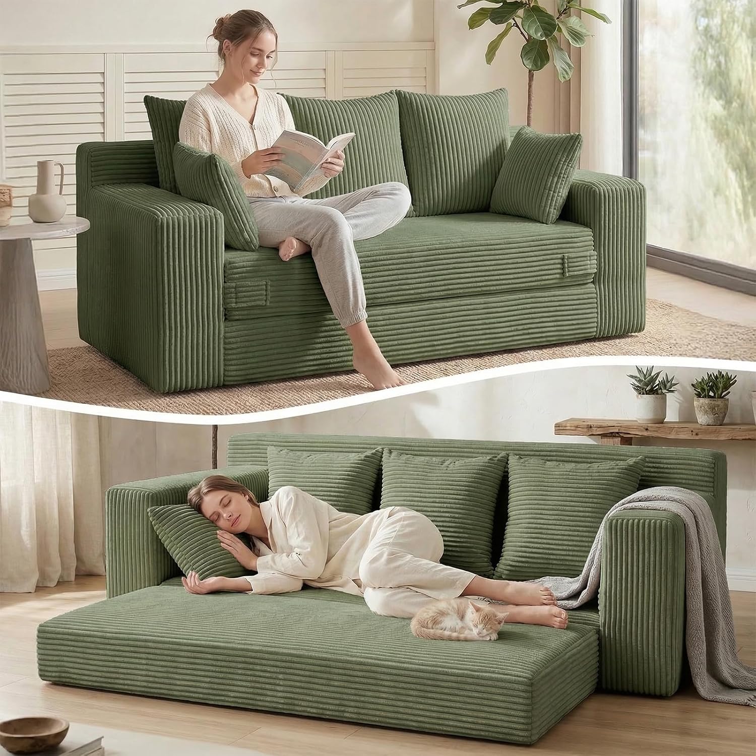 Convertible Sofa Bed, Loveseat Folding Floor Futon Sleeper Sofa Couch Bed- Boneless Foldable Couch, Corduroy Pull Out Sofa Bed with 2 Pillows for Living Room & Bedroom - Image 9
