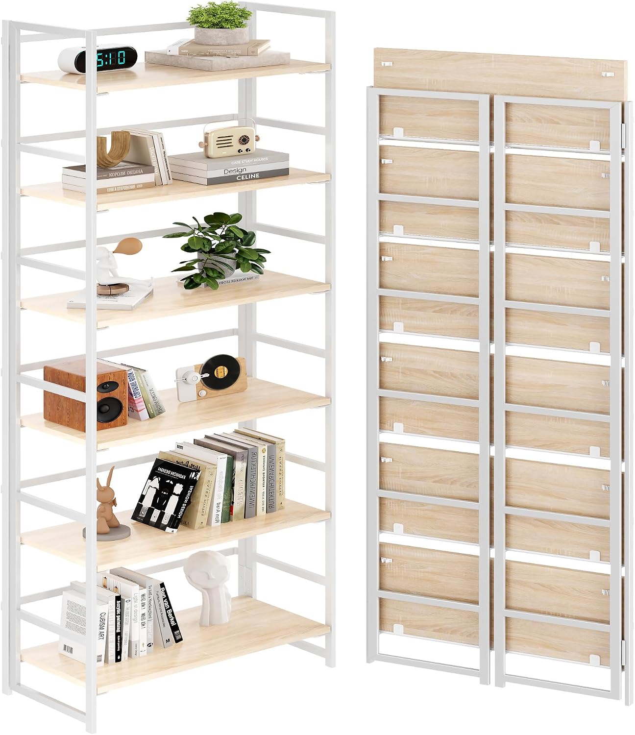 Vintage Multifunctional Folding Bookshelf, No-Assembly Plant Stand Storage Rack Shelves for Home Office (White, 5-Tier) - Image 24