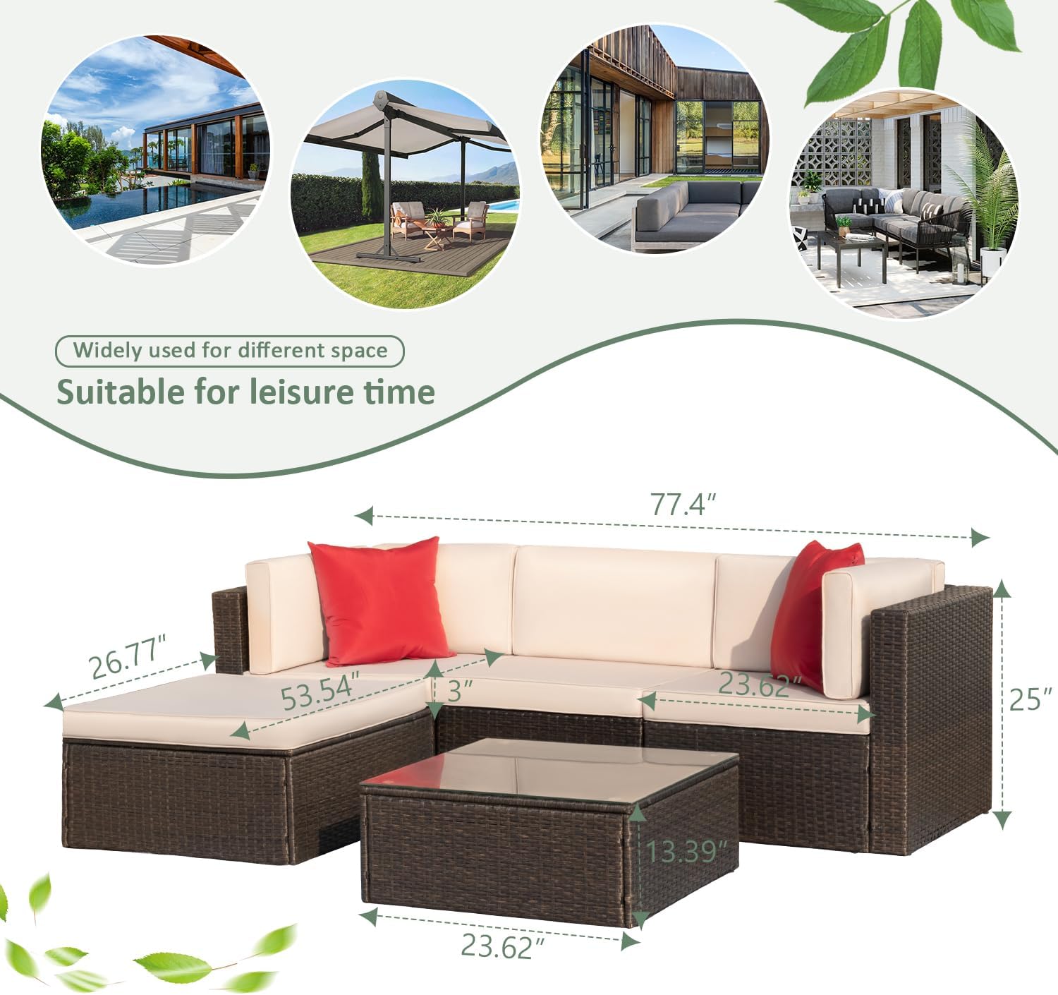 5-Piece All-Weather Patio Furniture Set with Cushions, Outdoor Wicker Conversation Sofa Set for Garden, Deck & Backyard - Image 4