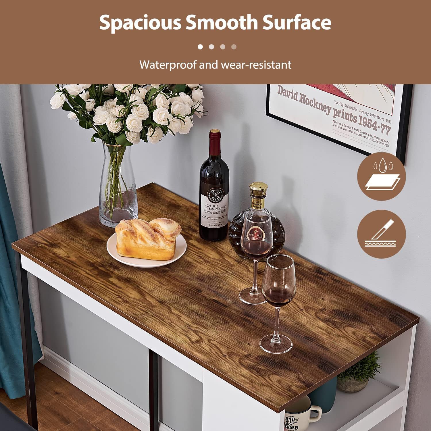 3 Piece Dining Table Set, Kitchen Bar Table with Two Stools, Storage Shelves, Wood Counter Height Table Top with Sew Kerf Finish for Dining Room, Home - Image 6