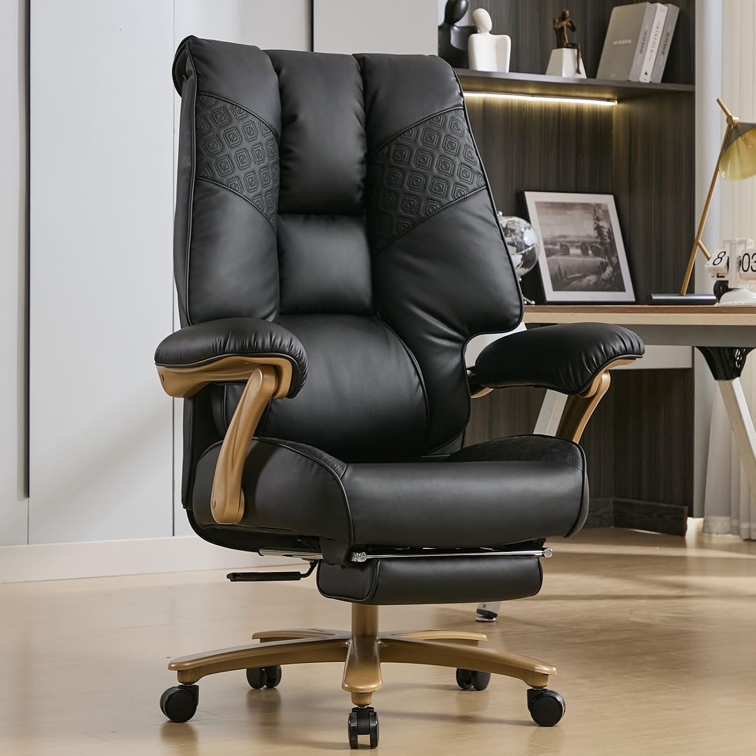 Big and Tall Executive Office Chair with Footrest, 400LBS Capacity Ergonomic High-Back Desk Office Chair with Lumbar Support, Padded Armrests & Thick Cushion, Black PU Leather Chairs - Image 2