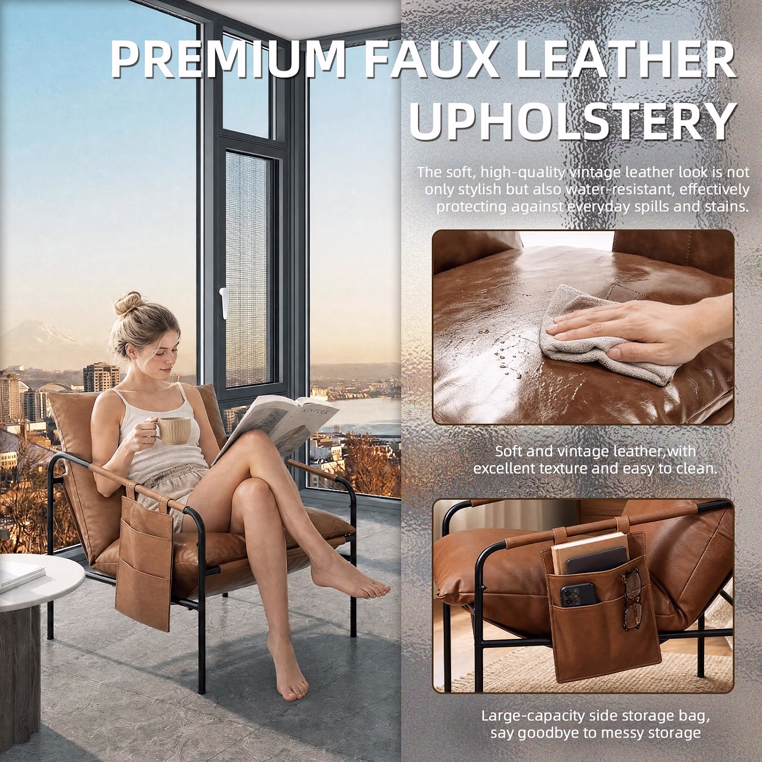 Modern Accent Chair, Comfy Armchair, Waterproof Living Room Chair with Storage Pocket, Upholstered Lounge Chair with Metal Frame, Brown - Image 3