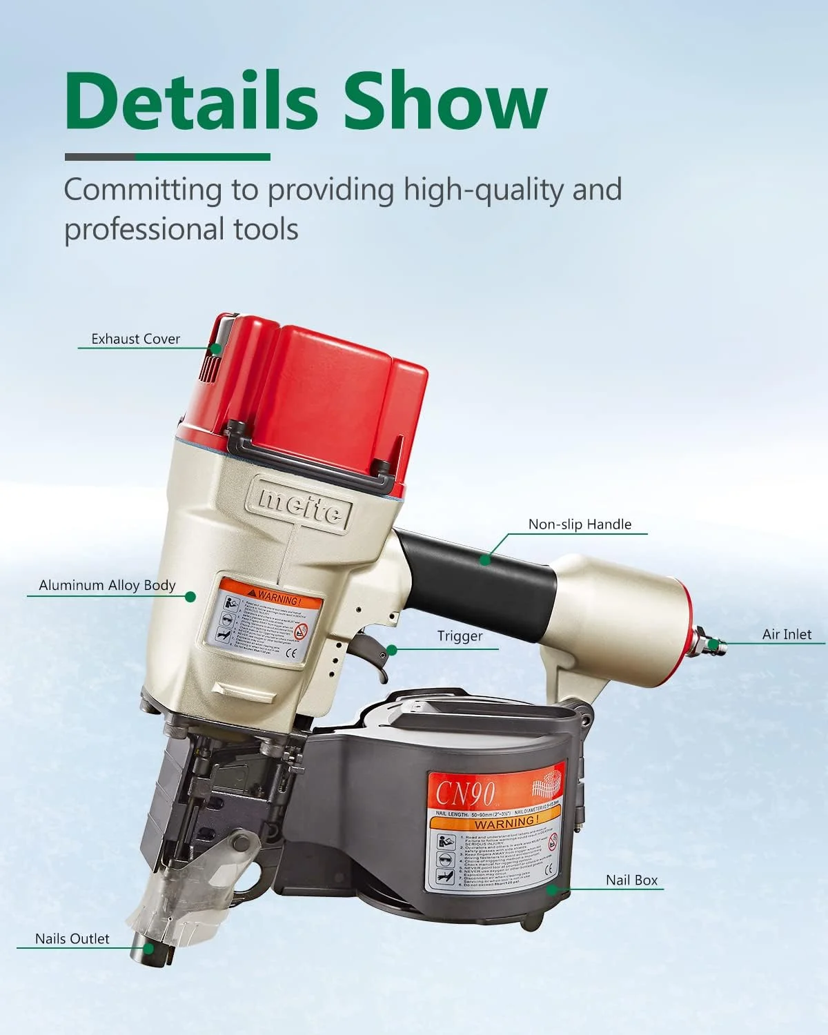 MEITE CN90 Industrial Coil Siding Nailer 15 Degree 2-1/4" to 3-1/2" Pneumatic Coil Nail Gun with Aluminum Housing - Image 4