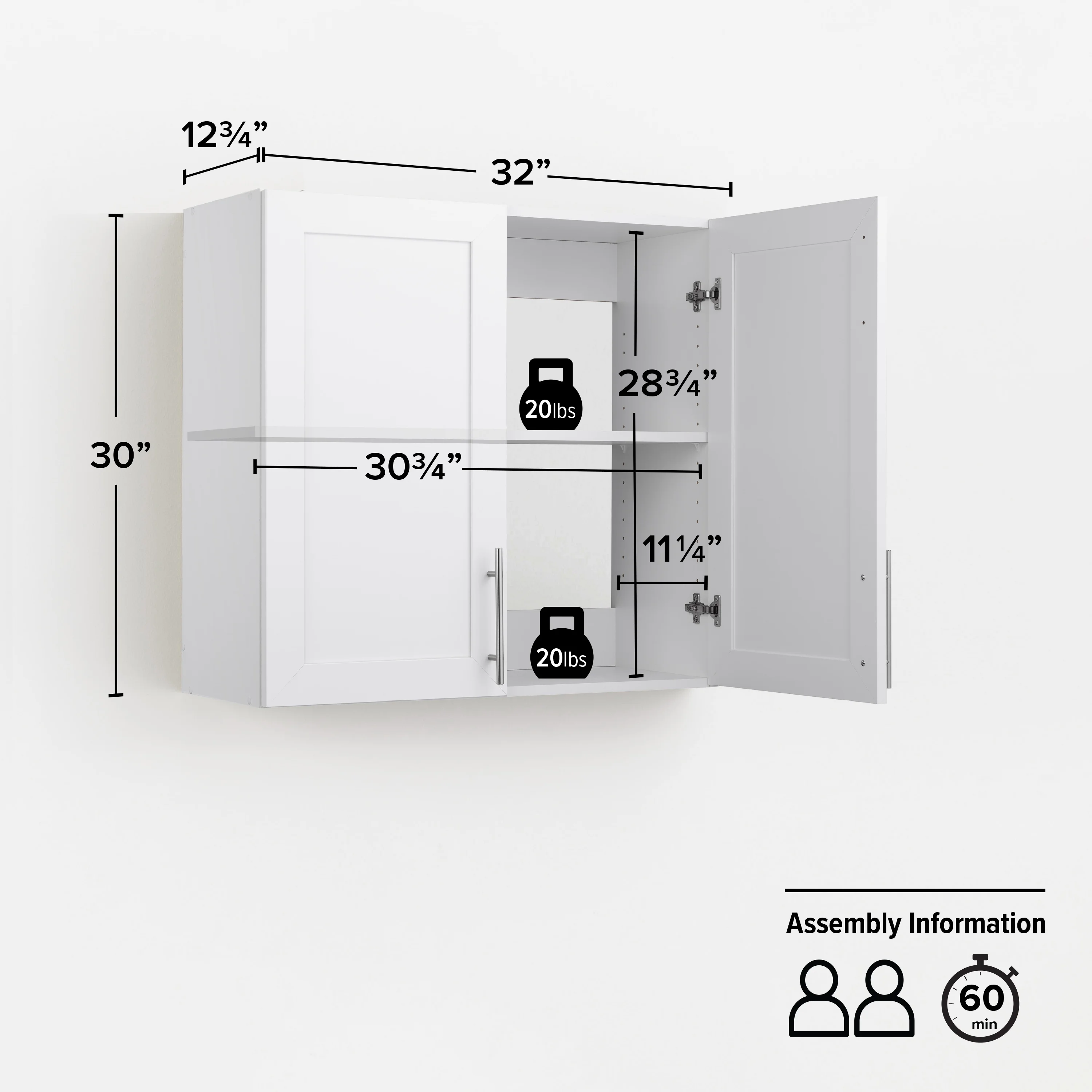 Prepac Elite 32" H Wall Cabinet with Panel Doors, White Storage Cabinet, Bathroom Cabinet, Pantry Cabinet with with 1 Adjustable Shelf 12.75" D x 32" W x 30" H, WSUR-1003-1 - Image 4