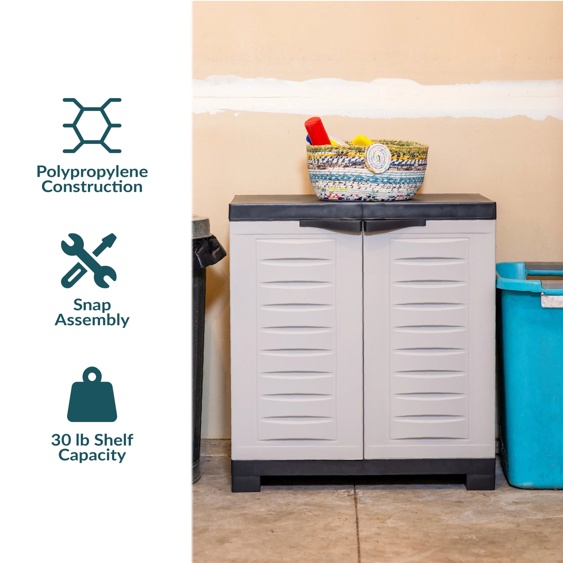 Sunnydaze Adjustable 25.5" Plastic 1-Shelf Freestanding Garage Storage Cabinet, Gray w/ Charcoal Trim - Image 4