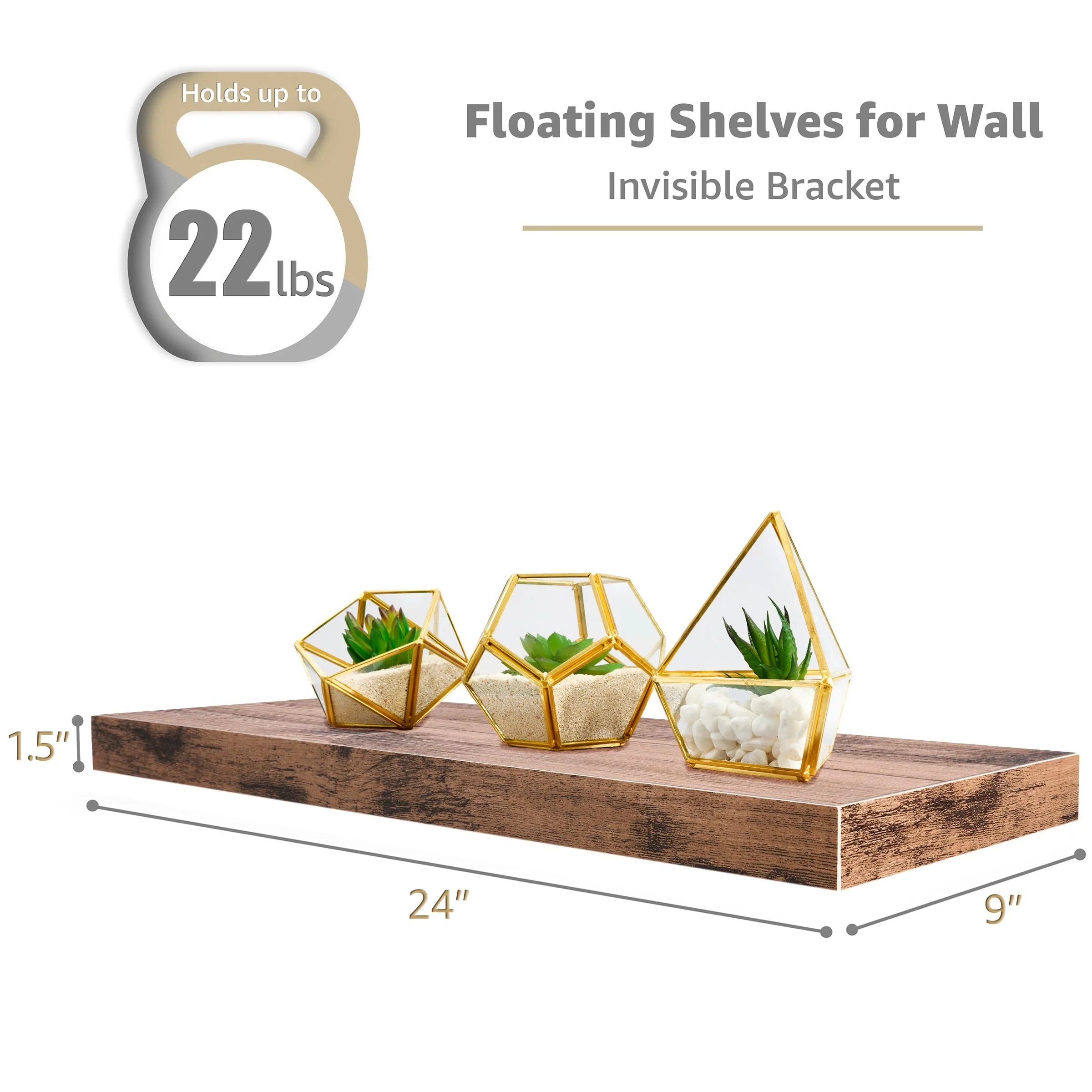 Set of 3 Floating Wood Wall Shelves, Wall Mounted Display and Storage Shelves with Invisible Brackets for Books and Home Decor - Image 15