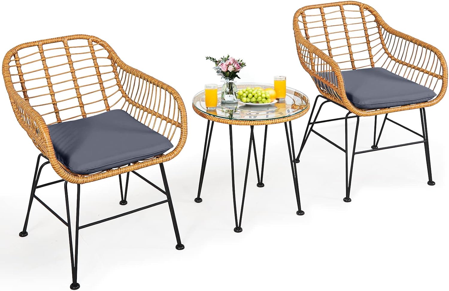 3 Pieces Patio Bistro Set, Rattan Conversation Set with 2 Cushioned Armchairs & Round Glass Coffee Table, Indoor Outdoor Wicker Furniture Set for Balcony, Backyard, Garden, Poolside - Image 8