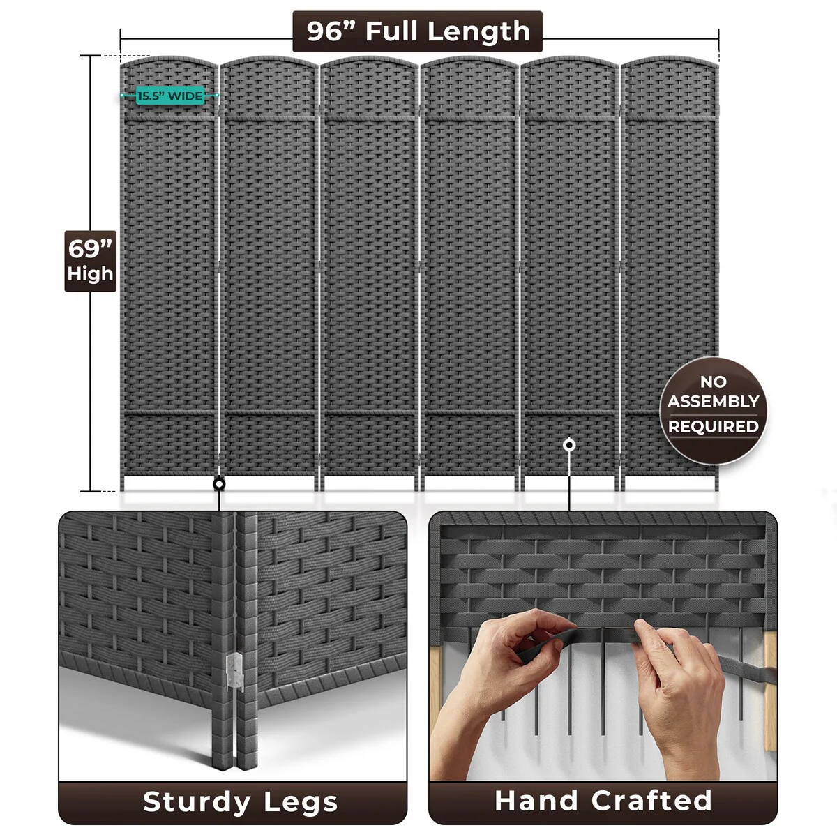 6 Panel Room Divider, 6ft Tall Extra Wide Folding Privacy Screen with Hand-Woven Mesh Panels - Image 30