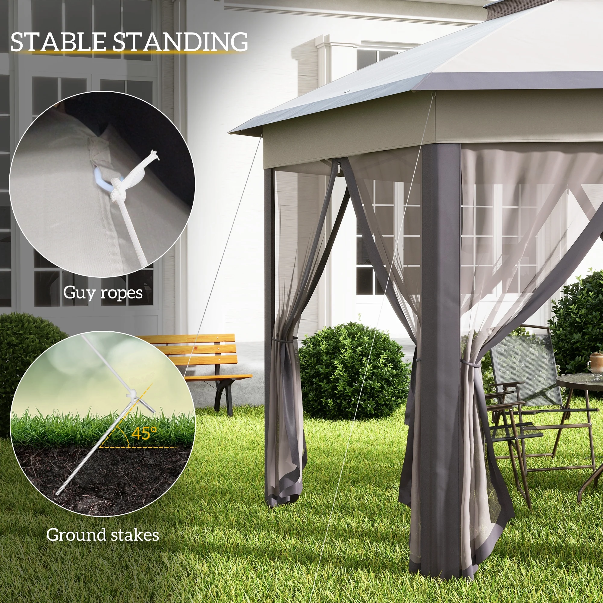 Outsunny 13' x 13' Pop Up Gazebo Hexagonal Canopy with 6 Zippered Mesh Netting, 2-Tier Roof Event Tent with Steel Frame for Patio Backyard, Gray - Image 23