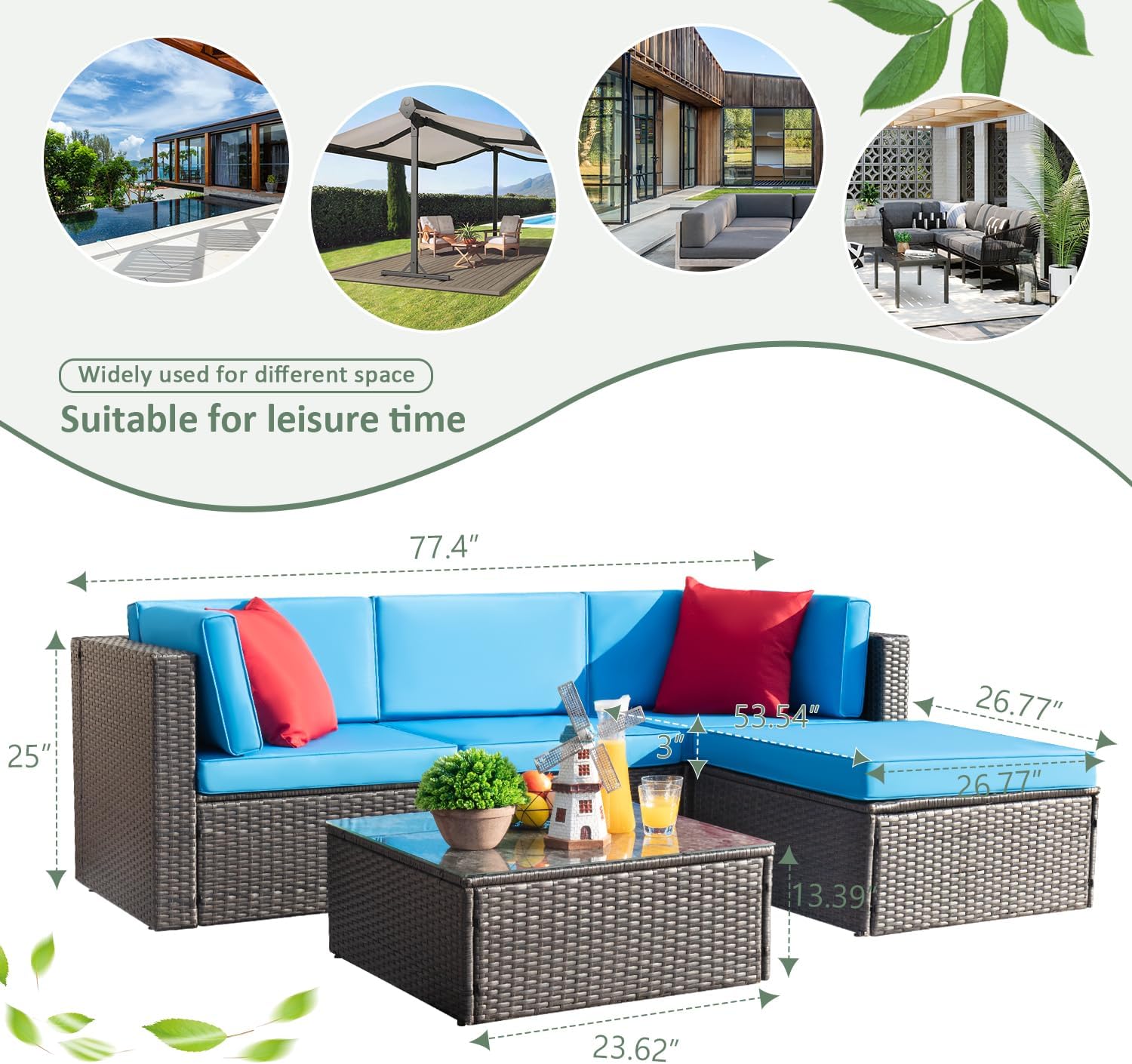 5-Piece All-Weather Patio Furniture Set with Cushions, Outdoor Wicker Conversation Sofa Set for Garden, Deck & Backyard - Image 16