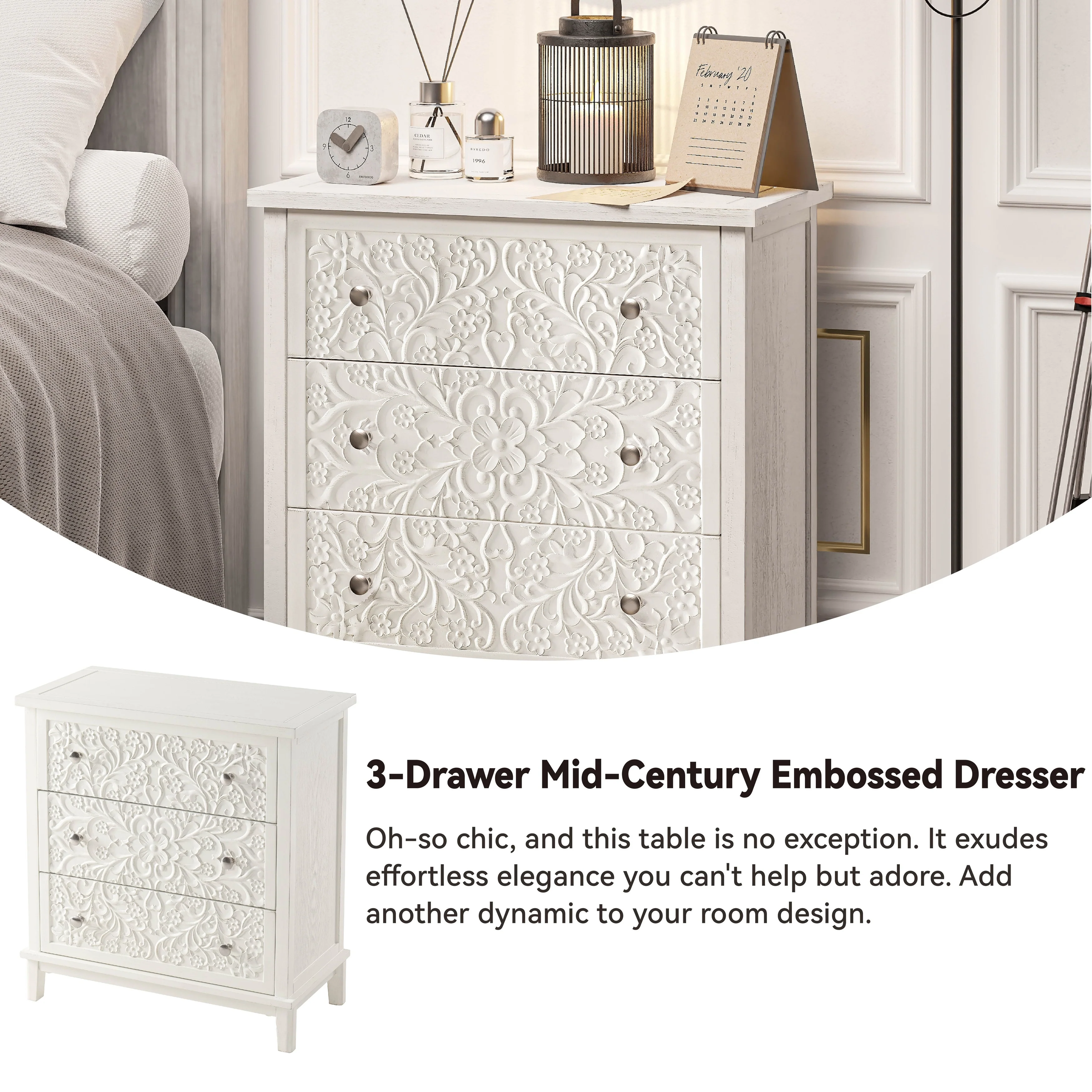 Farmhouse Fully Assembled Nightstand with 2 Drawers, Flower Motif End Table for Small Spaces - Image 20