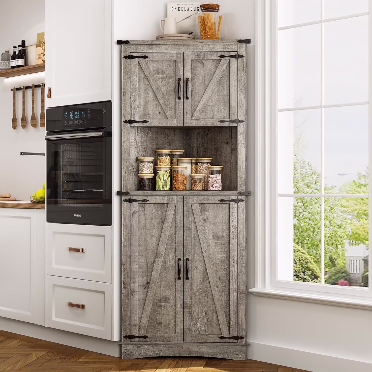 Blotout 68" Tall Farmhouse Corner Cabinet with 4 Doors, 28.3" W Barn Door Storage Cabinet with Adjustable Shelves, 5 Tier Corner Storage Cabinet for Bathroom,Living Room,Kitchen - Image 3