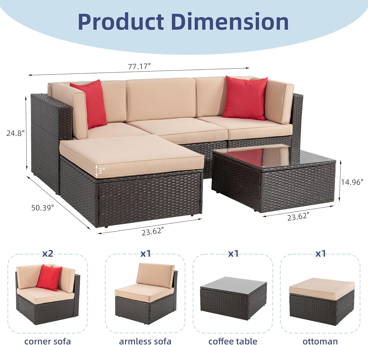 5-Piece All-Weather Patio Furniture Set with Ottoman, Outdoor Wicker Conversation Sofa Set with Cushions for Garden, Deck & Backyard - Image 2