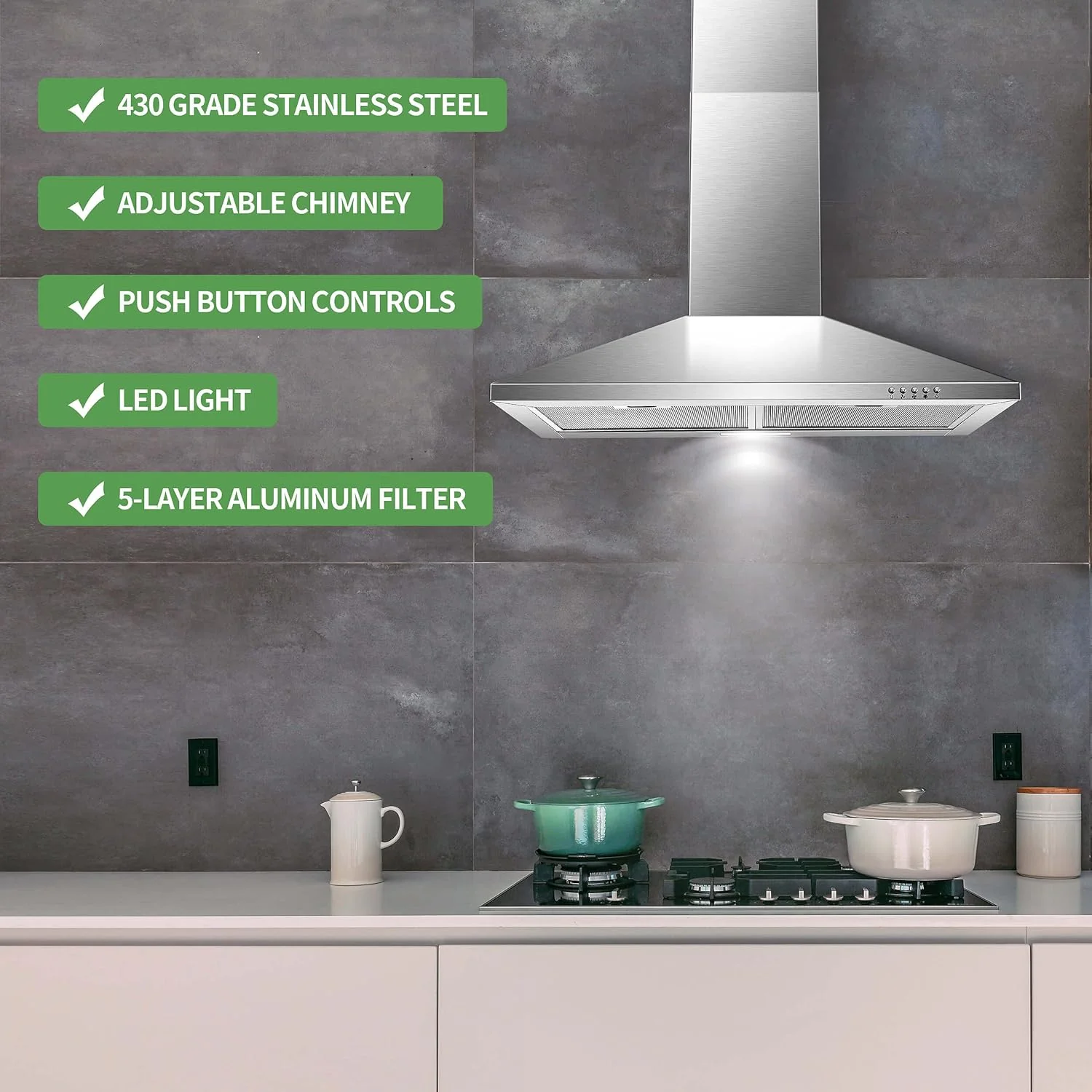 30 Inch Wall Mount Stainless Steel Range Hood, Modern Kitchen Exhaust Vent Hood with LED Light - Image 3