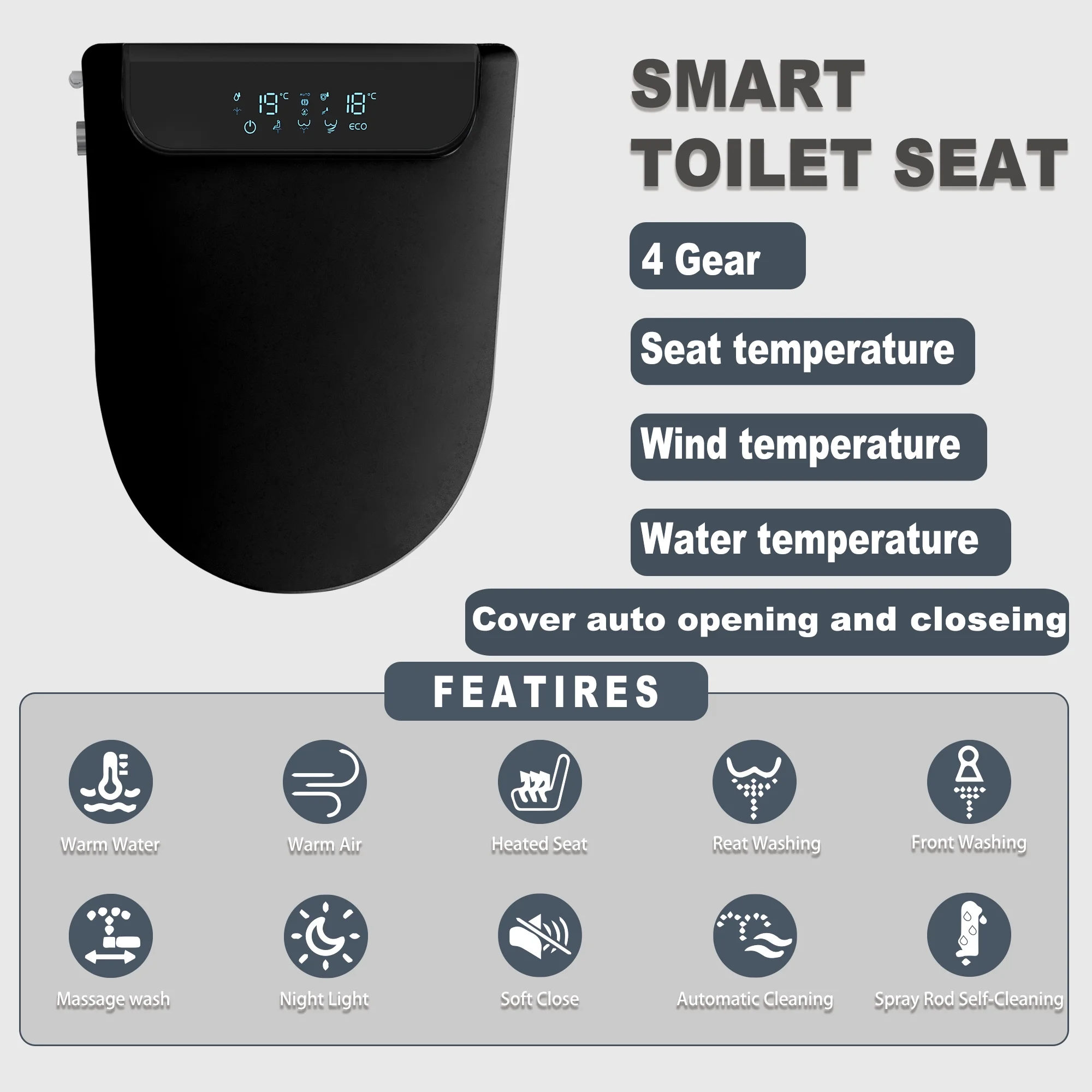 DELICOZE Electric Bidet Heated Smart Toilet Seat With Unlimited Heated Water,Toilet Seat Warmer, And Warm Air Dryer-Adjustable And Self-Cleaning, Automatic Open, BIG LED Screen - Image 4