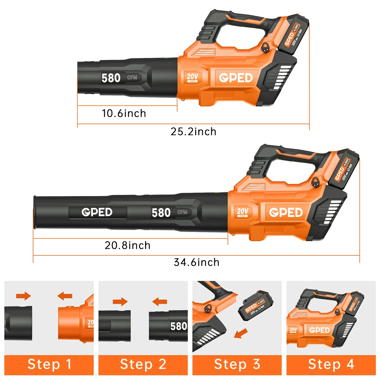 GPED Leaf Blower, 3 Speed Adjustment Electric Cordless Leaf Blower with 2 x 4.0Ah Batteries, Charger, Shoulder Strap, 580CFM/160MPH, Ideal for Patio Cleaning, Lawn Care, Blowing Leaves, Green - Image 13