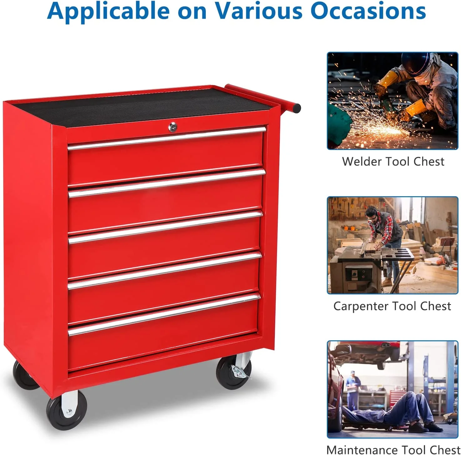 TUFFIOM 5-Drawer Rolling Tool Chest with Lock & Key, Tool Storage Organizer Box Cabinet with Wheels - Image 7